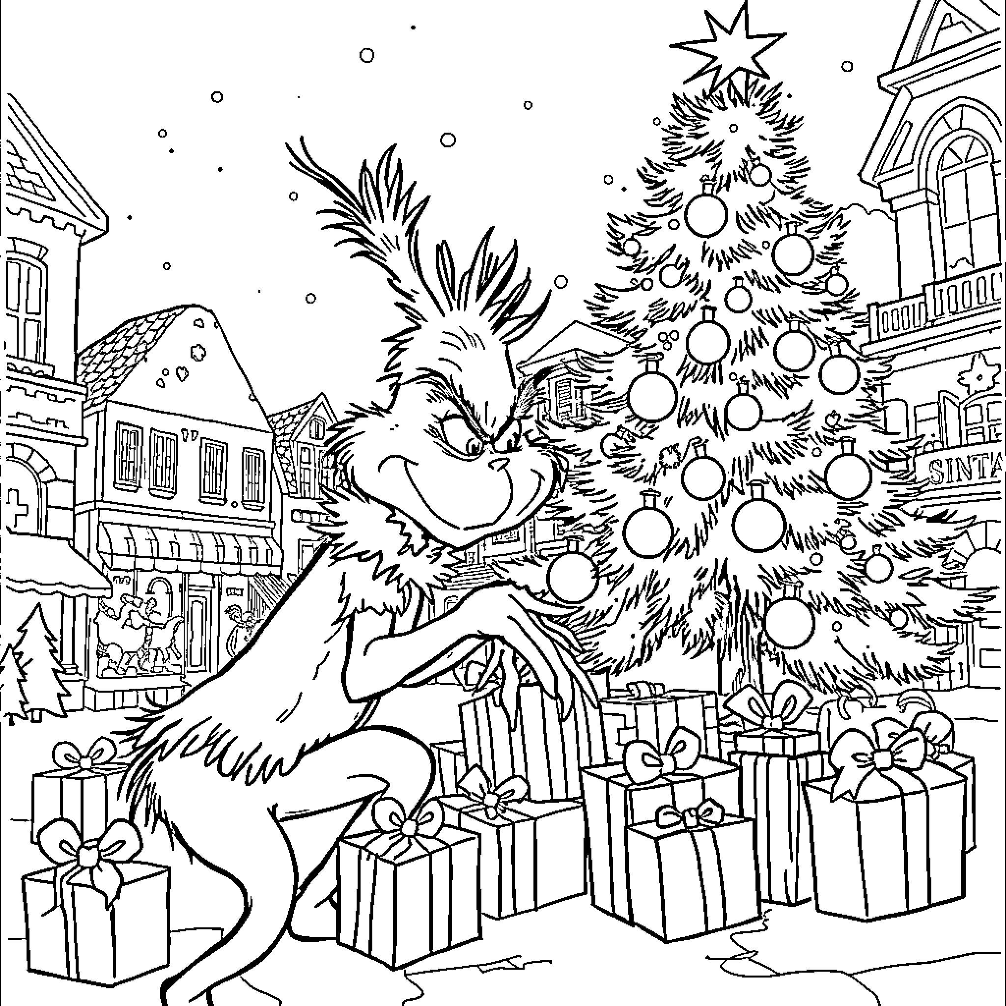 Grinch scheming mischievously near Christmas tree Coloring Page (free black-and-white line drawing printable PDF for all, from beginners to advanced learners, including children, teens, adults, and seniors)