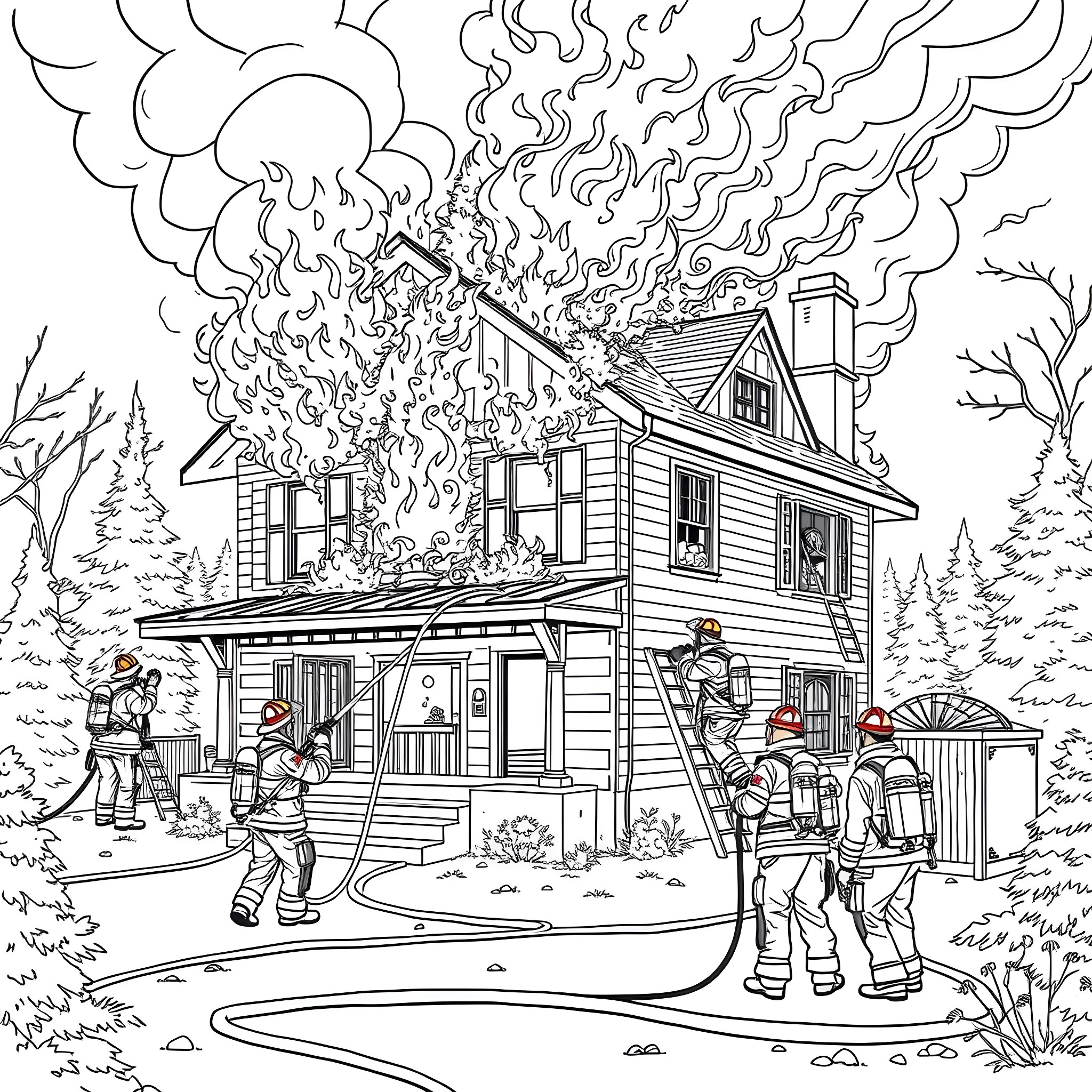 Firefighters battling a raging house fire in the woods Coloring Page (free black-and-white line drawing printable PDF for all, from beginners to advanced learners, including children, teens, adults, and seniors)