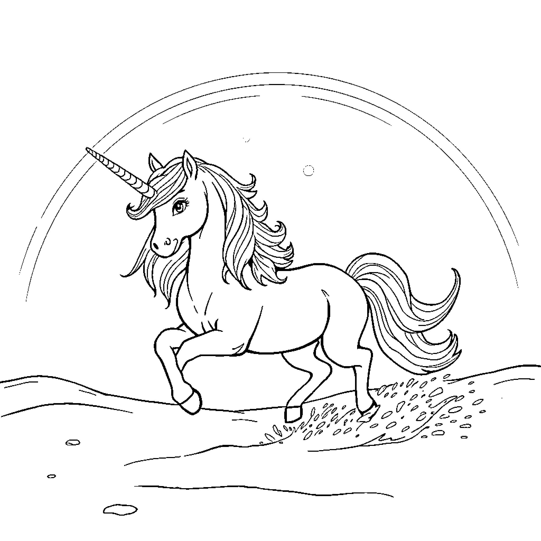Unicorn running through a magical field Coloring Page (free black-and-white line drawing printable PDF for all, from beginners to advanced learners, including children, teens, adults, and seniors)