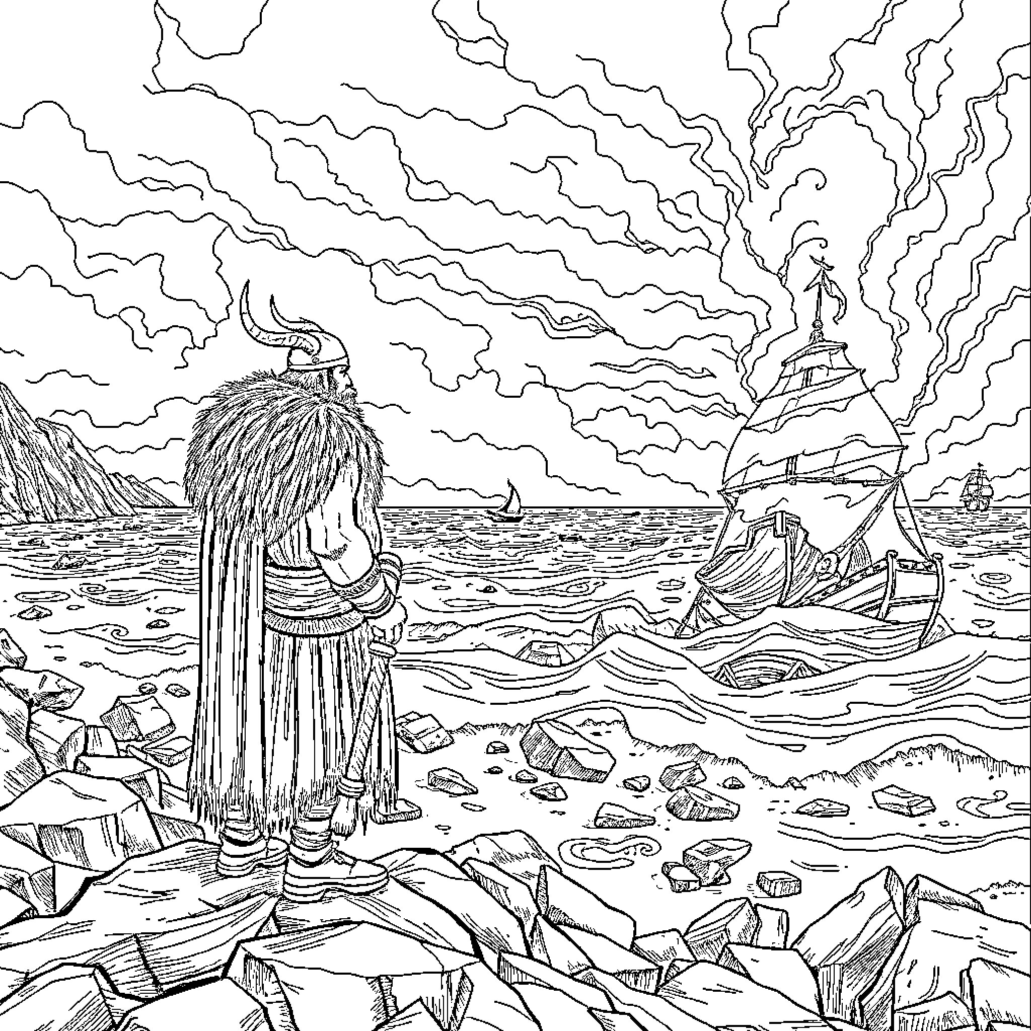 Viking warriors battling in stormy seascape Coloring Page (free black-and-white line drawing printable PDF for all, from beginners to advanced learners, including children, teens, adults, and seniors)