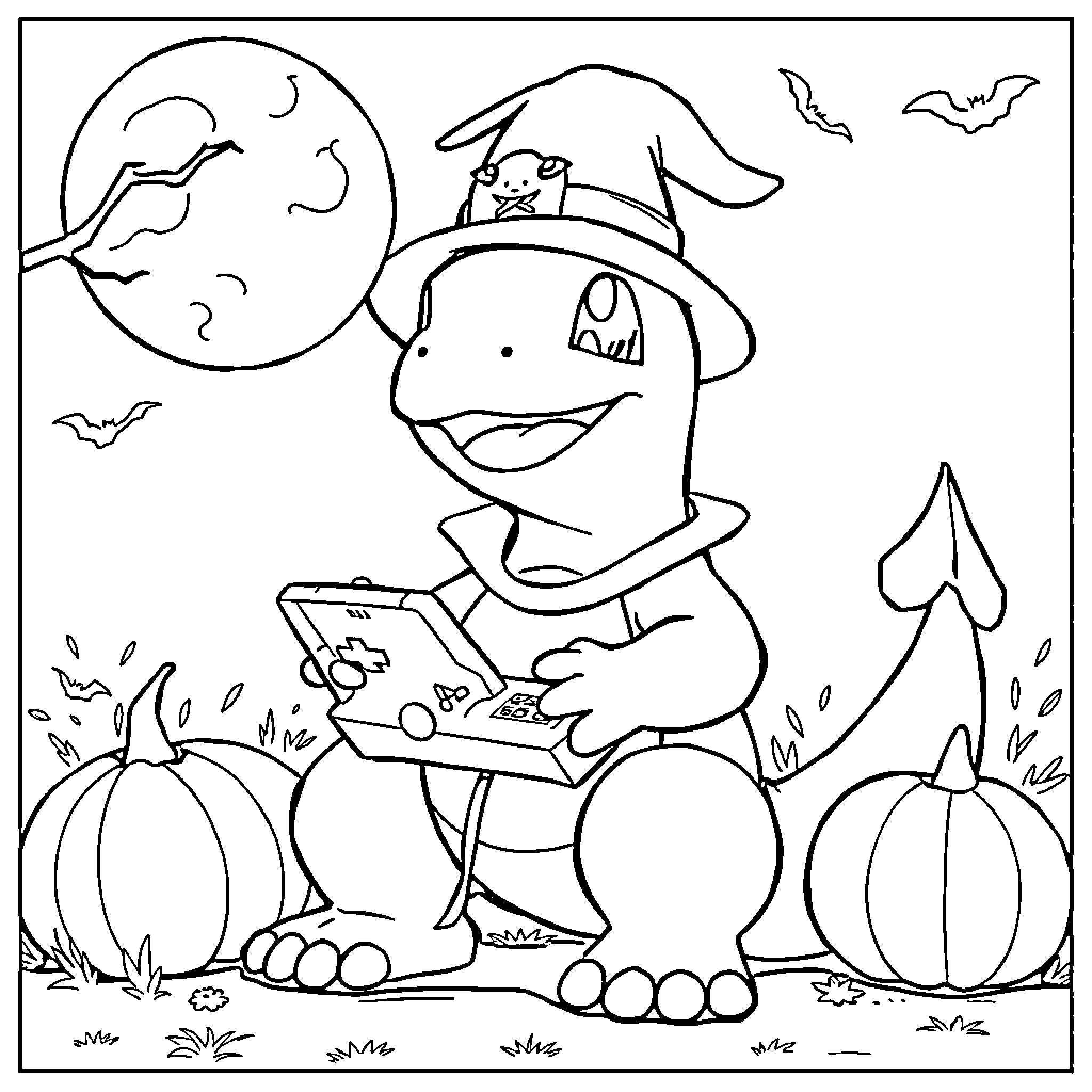 Charmander in Halloween costume reading a book at night Coloring Page (free black-and-white line drawing printable PDF for all, from beginners to advanced learners, including children, teens, adults, and seniors)