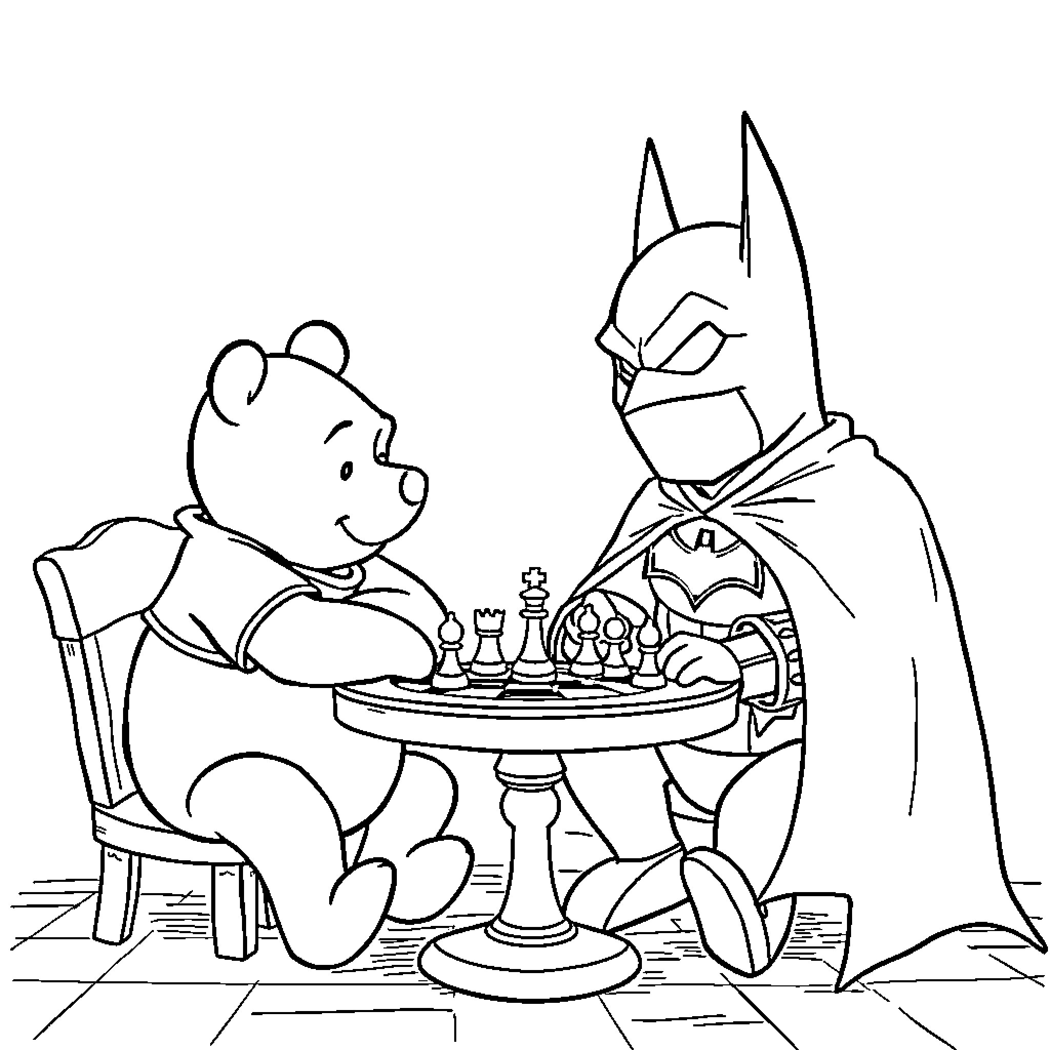 Winnie The Pooh and Batman playing chess together Coloring Page (free black-and-white line drawing printable PDF for all, from beginners to advanced learners, including children, teens, adults, and seniors)
