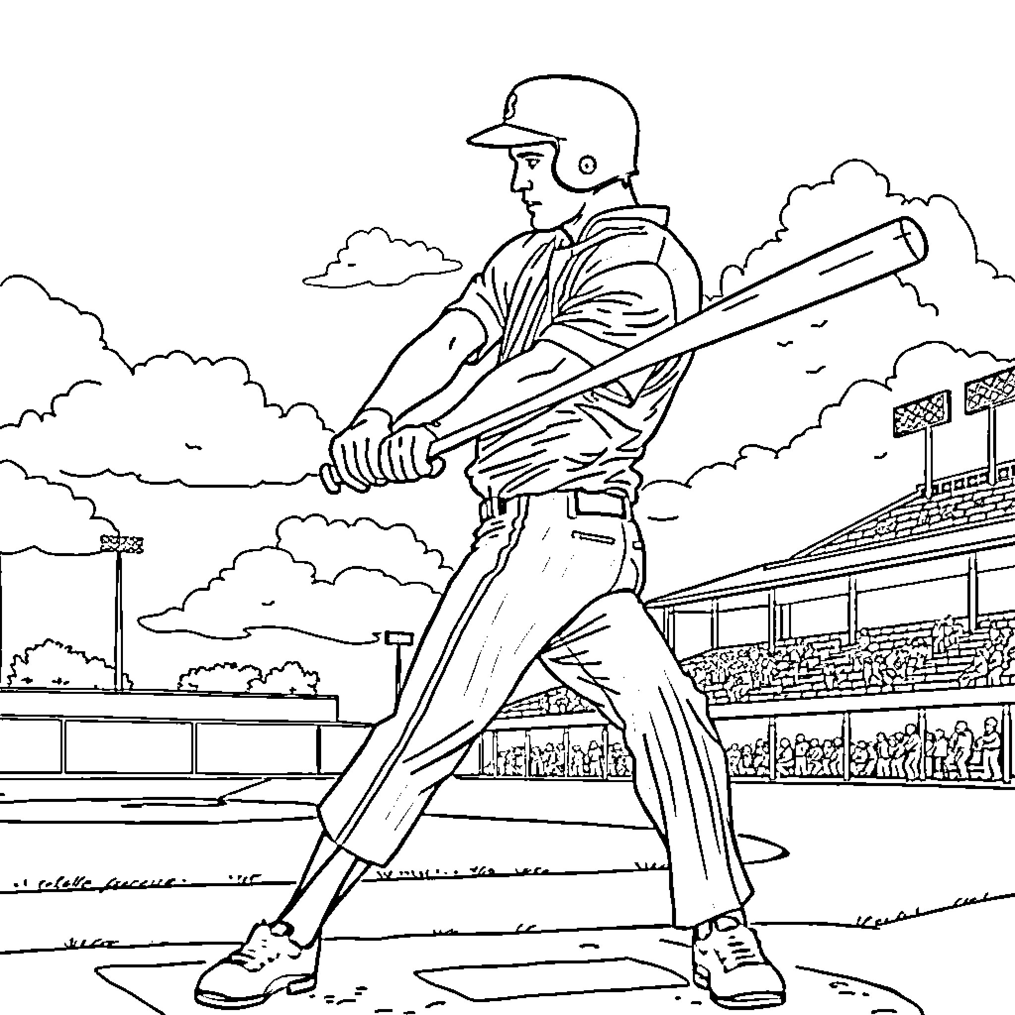 Elvis batting in a baseball game Coloring Page (free black-and-white line drawing printable PDF for all, from beginners to advanced learners, including children, teens, adults, and seniors)