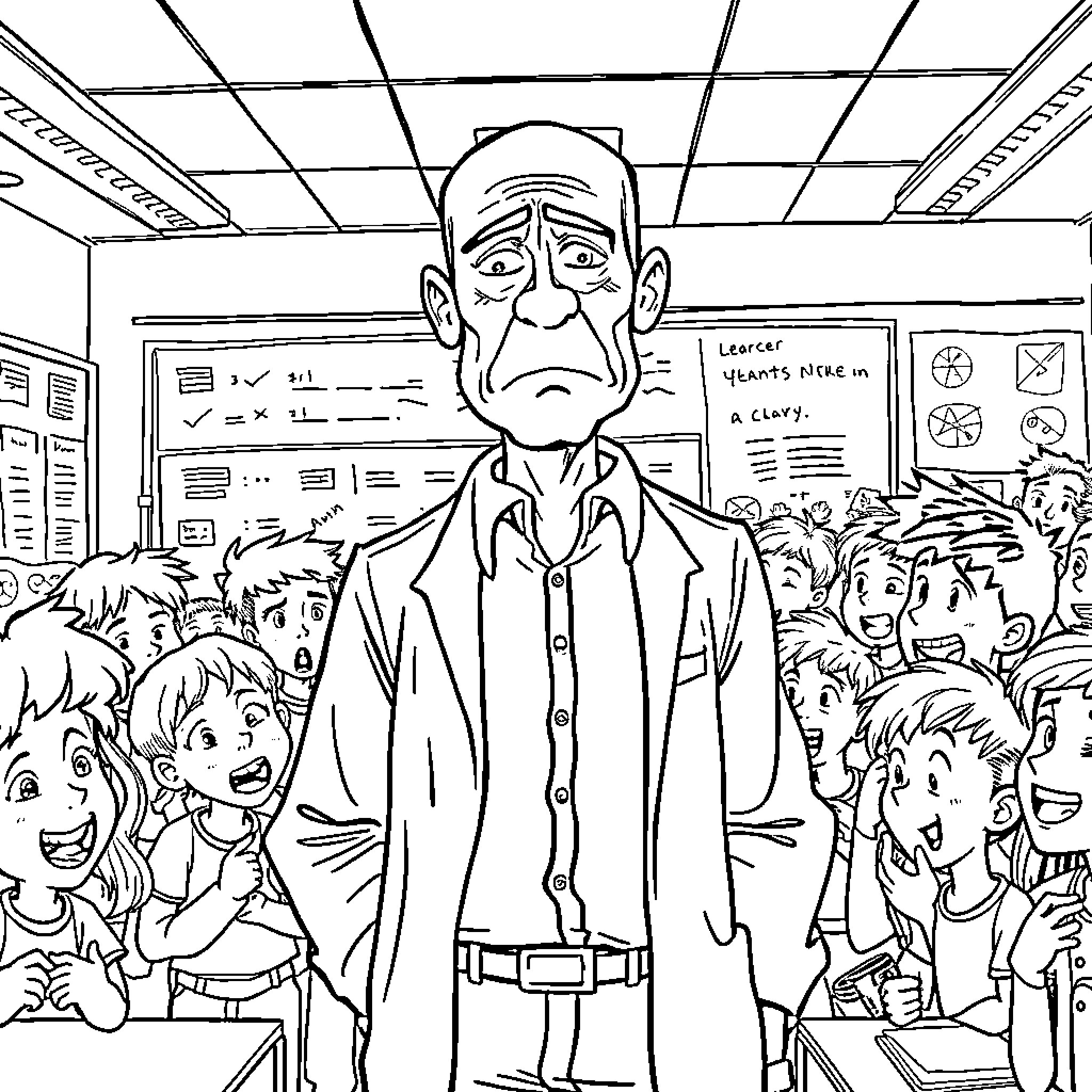 Science Teacher Facing Unruly Students in Classroom Coloring Page (free black-and-white line drawing printable PDF for all, from beginners to advanced learners, including children, teens, adults, and seniors)