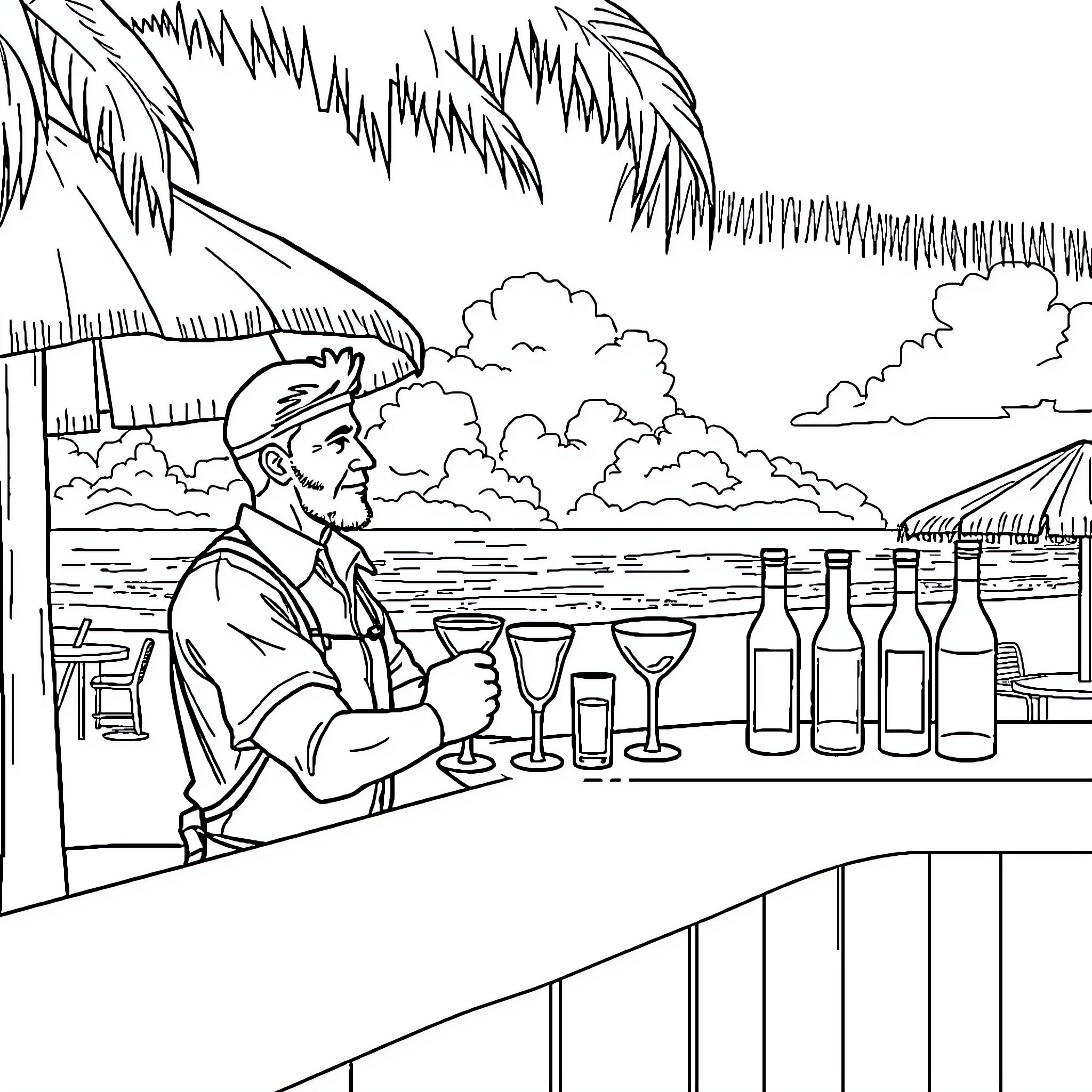 Barman serving drinks in beachside bar Coloring Page (free black-and-white line drawing printable PDF for all, from beginners to advanced learners, including children, teens, adults, and seniors)