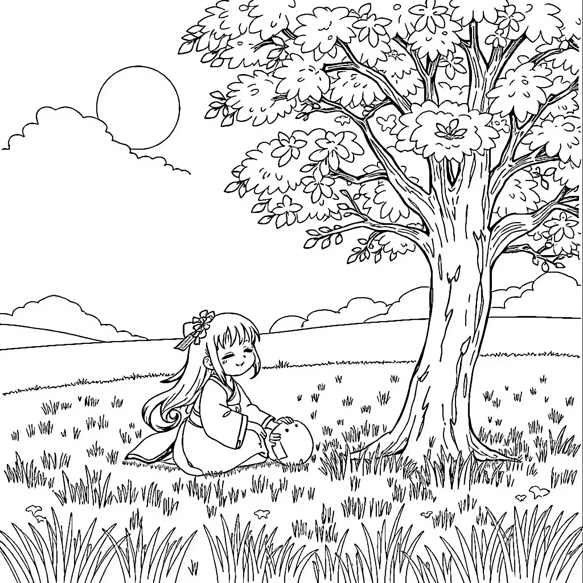 Nezuko enjoying a peaceful moment in nature Coloring Page (free black-and-white line drawing printable PDF for all, from beginners to advanced learners, including children, teens, adults, and seniors)