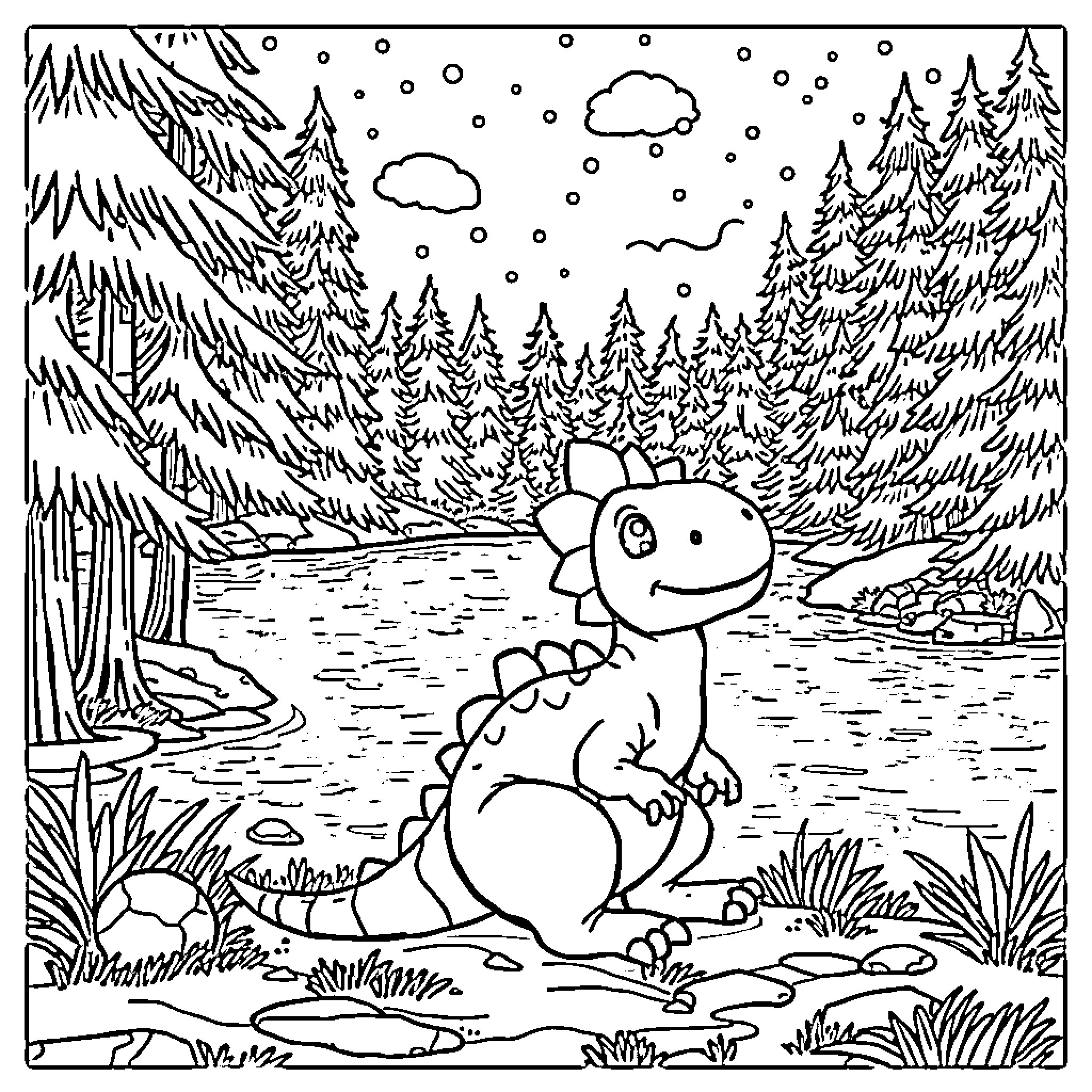 Dinosaur in snowy forest landscape Coloring Page (free black-and-white line drawing printable PDF for all, from beginners to advanced learners, including children, teens, adults, and seniors)
