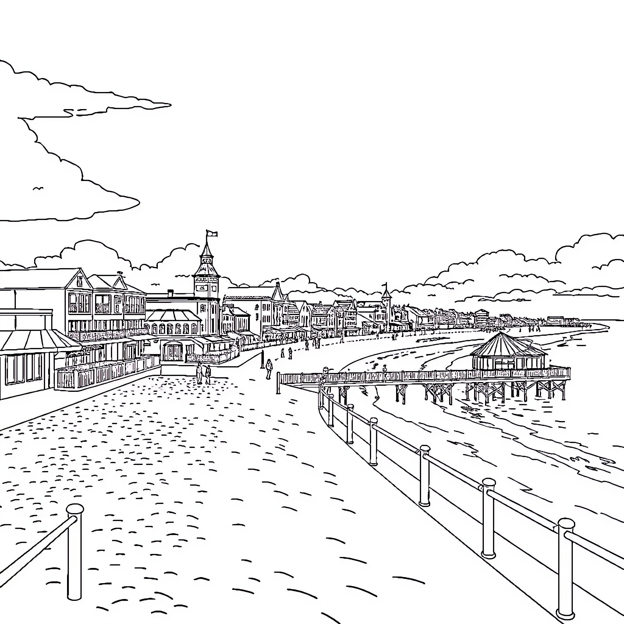 Cleethorpes: Seaside Promenade Sketch Coloring Page (free black-and-white line drawing printable PDF for all, from beginners to advanced learners, including children, teens, adults, and seniors)