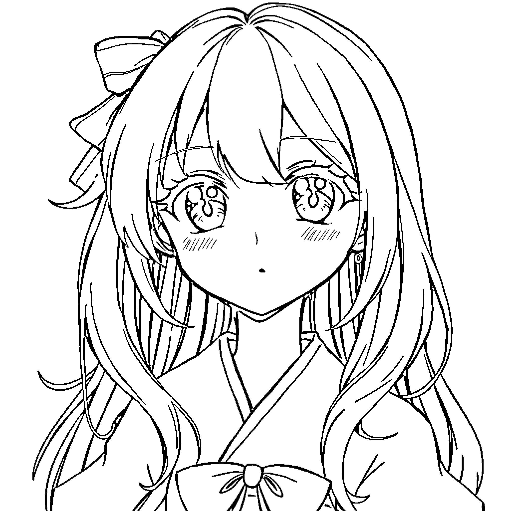 Anime Girl with Expressive Face and Flowing Hair Coloring Page (free black-and-white line drawing printable PDF for all, from beginners to advanced learners, including children, teens, adults, and seniors)