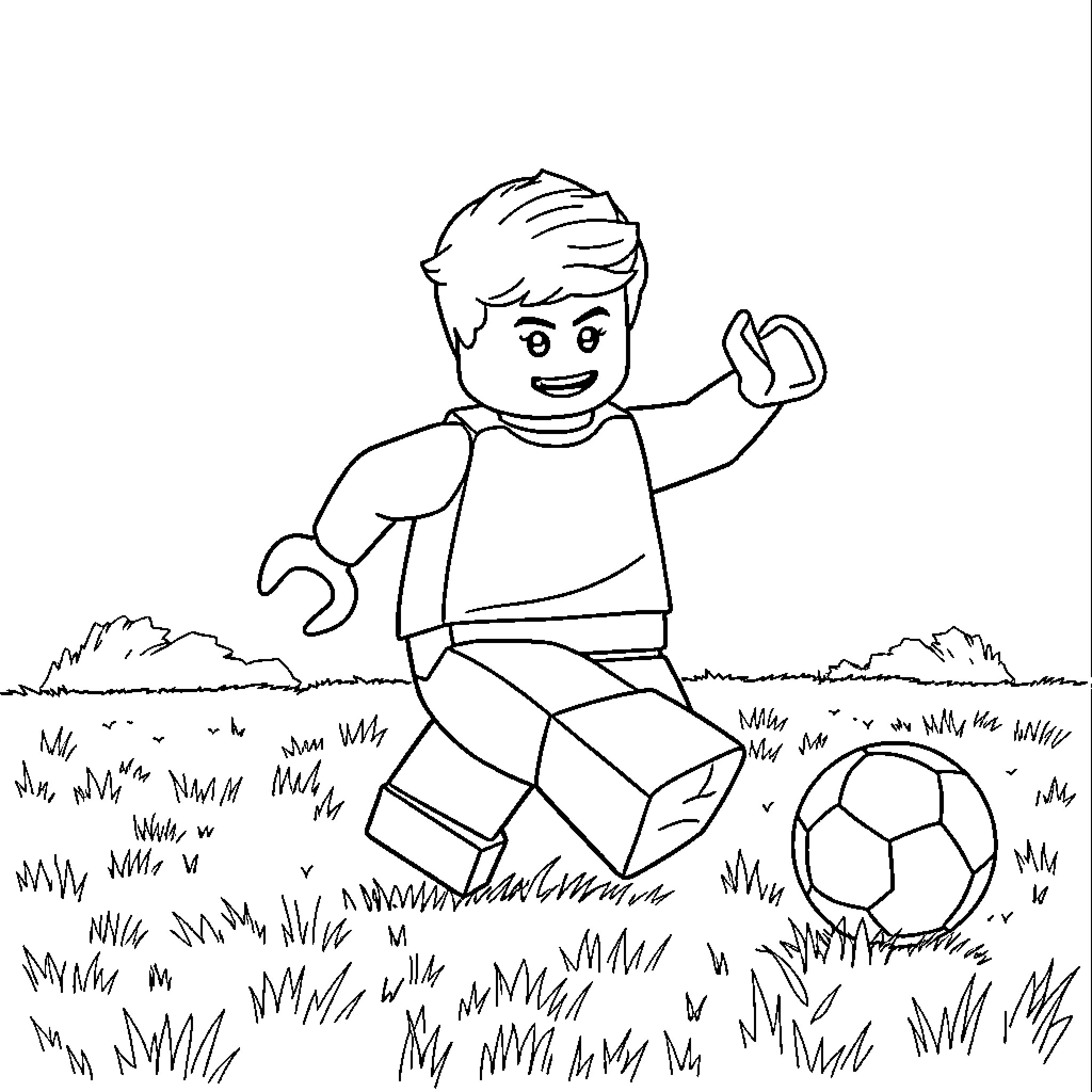 LEGO Figure playing with a soccer ball in the park Coloring Page (free black-and-white line drawing printable PDF for all, from beginners to advanced learners, including children, teens, adults, and seniors)