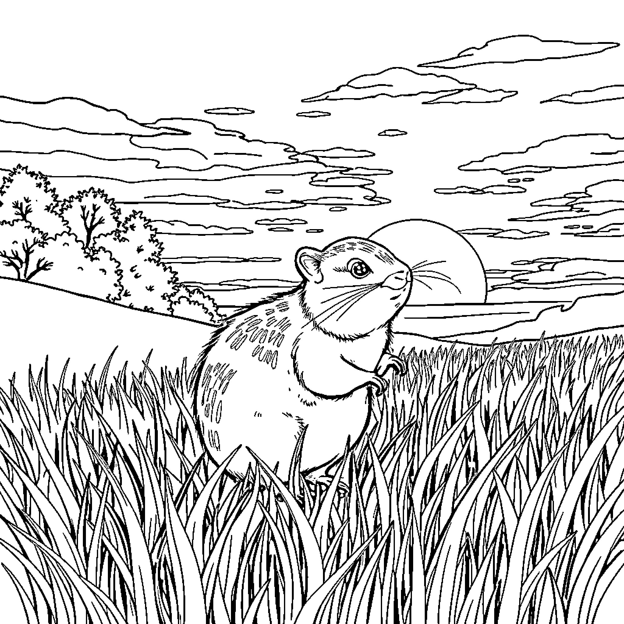 Zwergpudel enjoying nature in the meadow Coloring Page (free black-and-white line drawing printable PDF for all, from beginners to advanced learners, including children, teens, adults, and seniors)