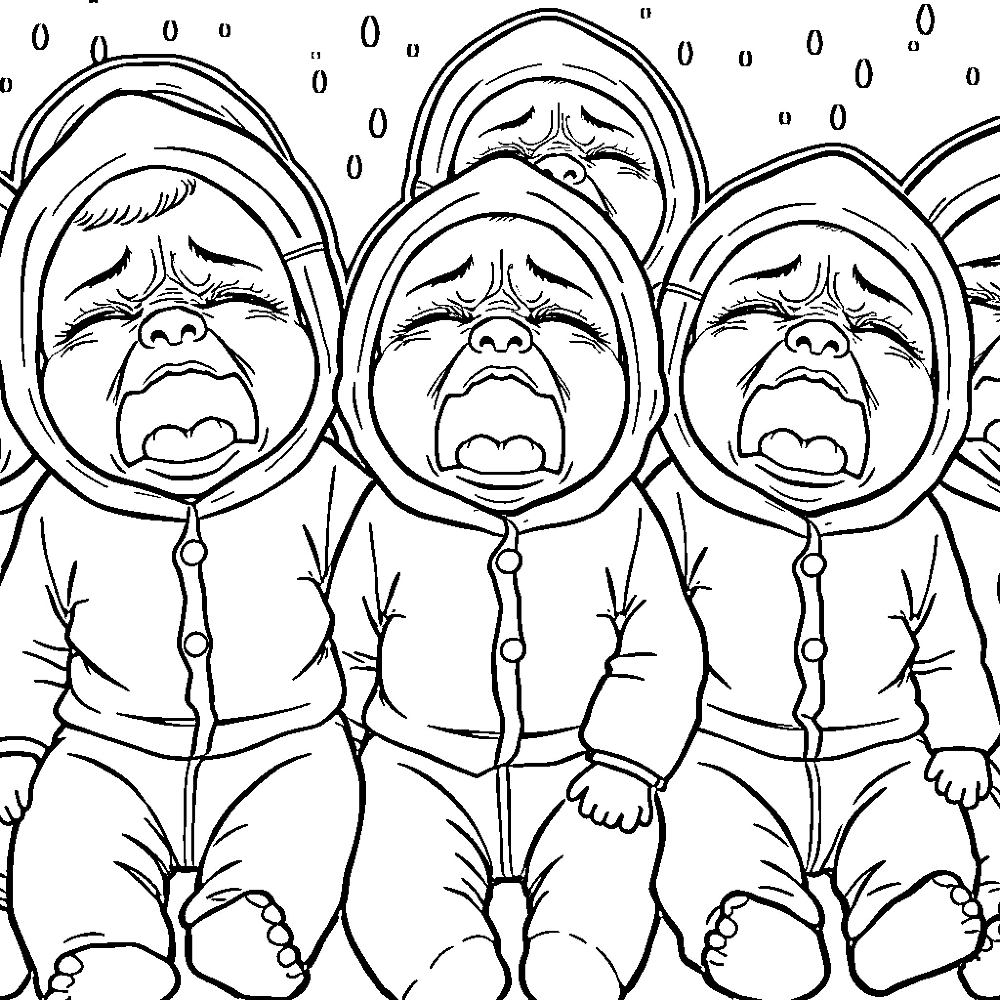 Baby characters crying in hooded outfits Coloring Page (free black-and-white line drawing printable PDF for all, from beginners to advanced learners, including children, teens, adults, and seniors)