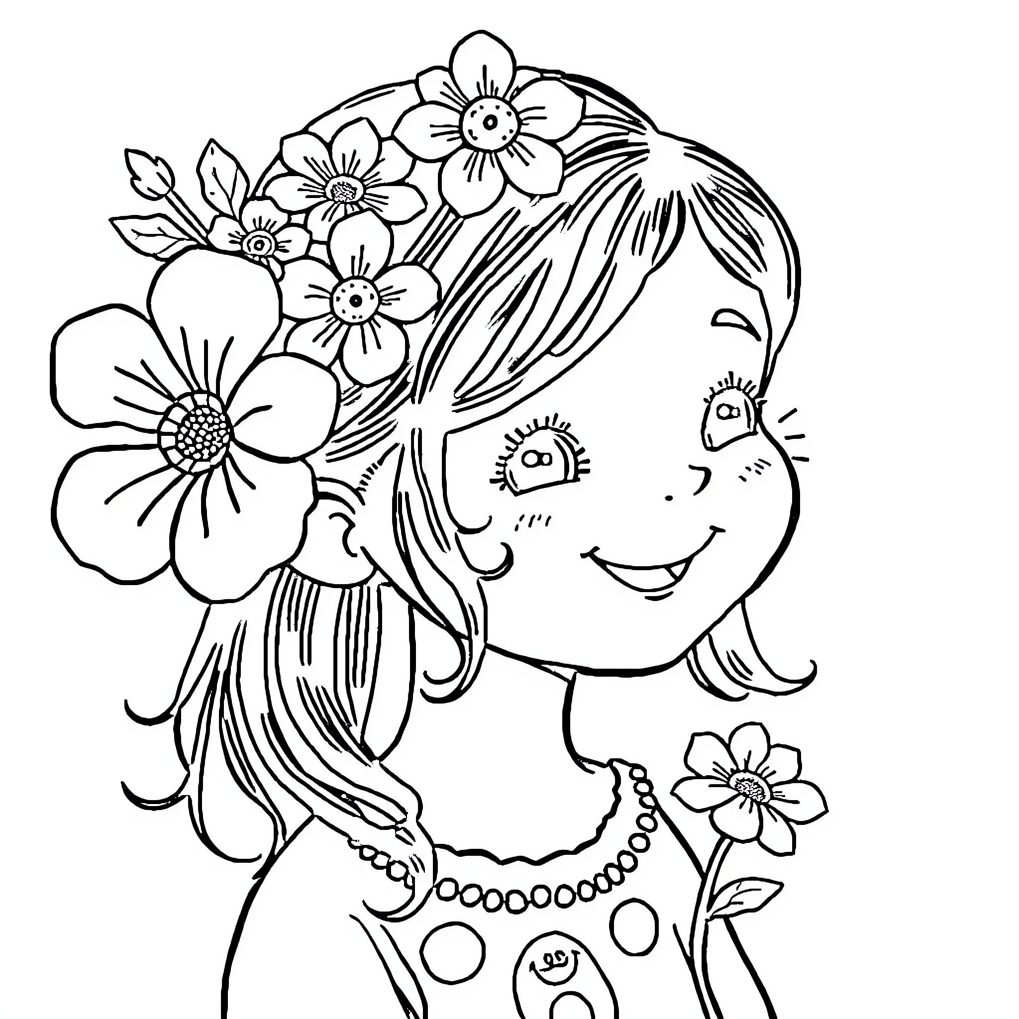 Girl with Floral Headpiece and Flowers Coloring Page (free black-and-white line drawing printable PDF for all, from beginners to advanced learners, including children, teens, adults, and seniors)