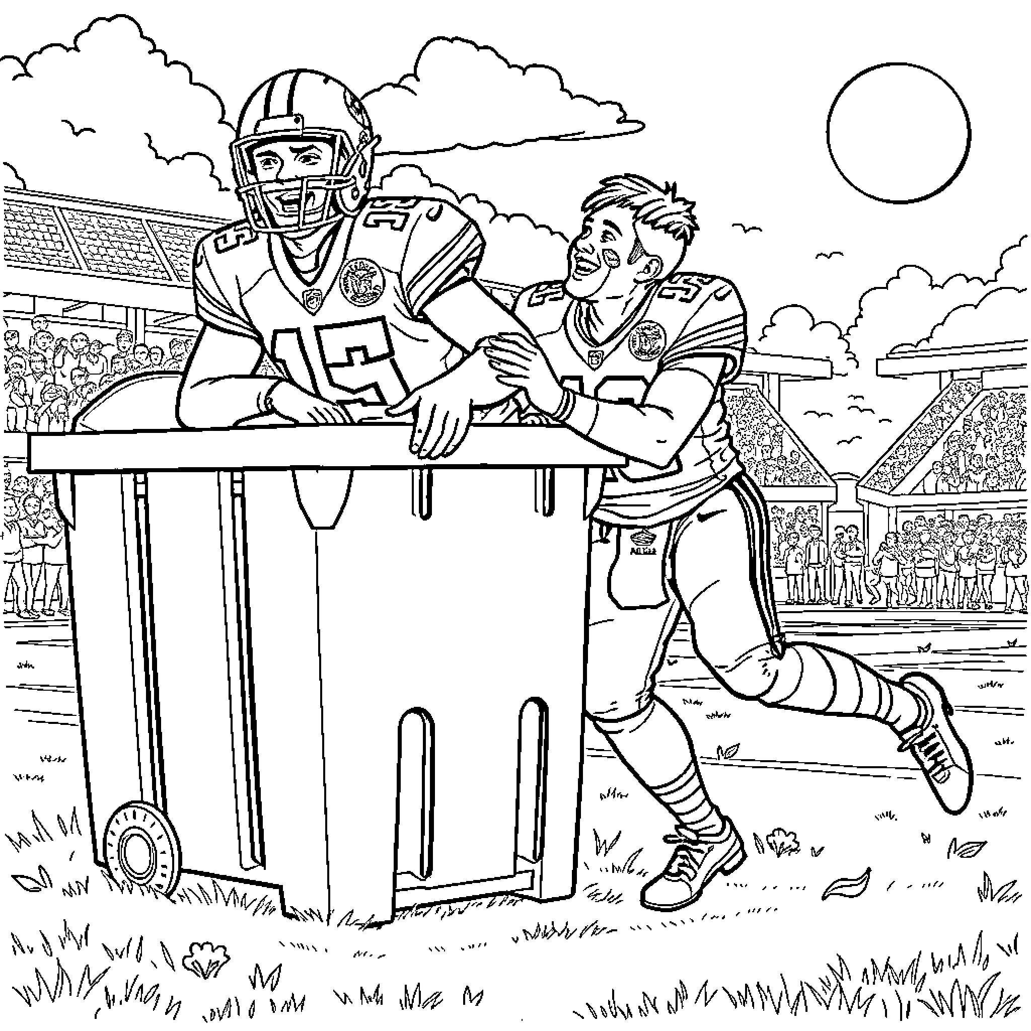 Patrick Mahomes Celebrates Victory with Teammate on Football Field Coloring Page (free black-and-white line drawing printable PDF for all, from beginners to advanced learners, including children, teens, adults, and seniors)