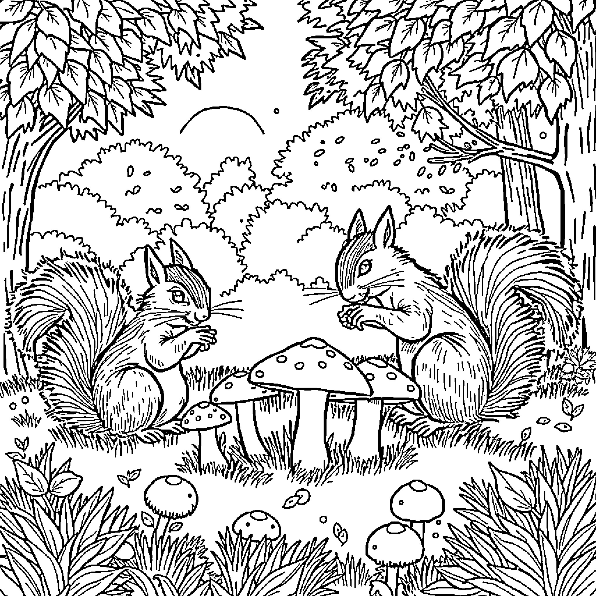 Squirrels playing in the forest by a mushroom Coloring Page (free black-and-white line drawing printable PDF for all, from beginners to advanced learners, including children, teens, adults, and seniors)