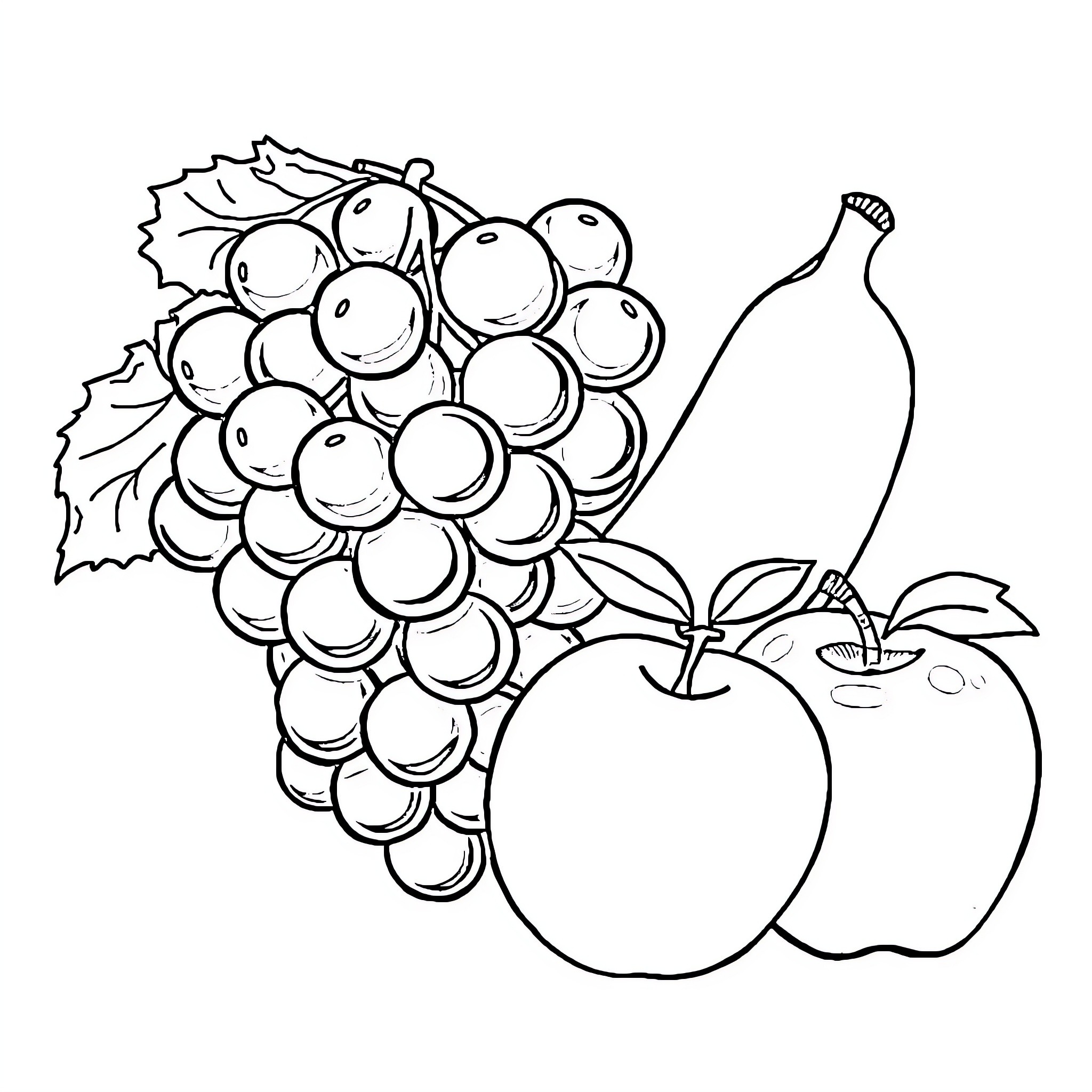 Fruit cluster with apples and grapes Coloring Page (free black-and-white line drawing printable PDF for all, from beginners to advanced learners, including children, teens, adults, and seniors)