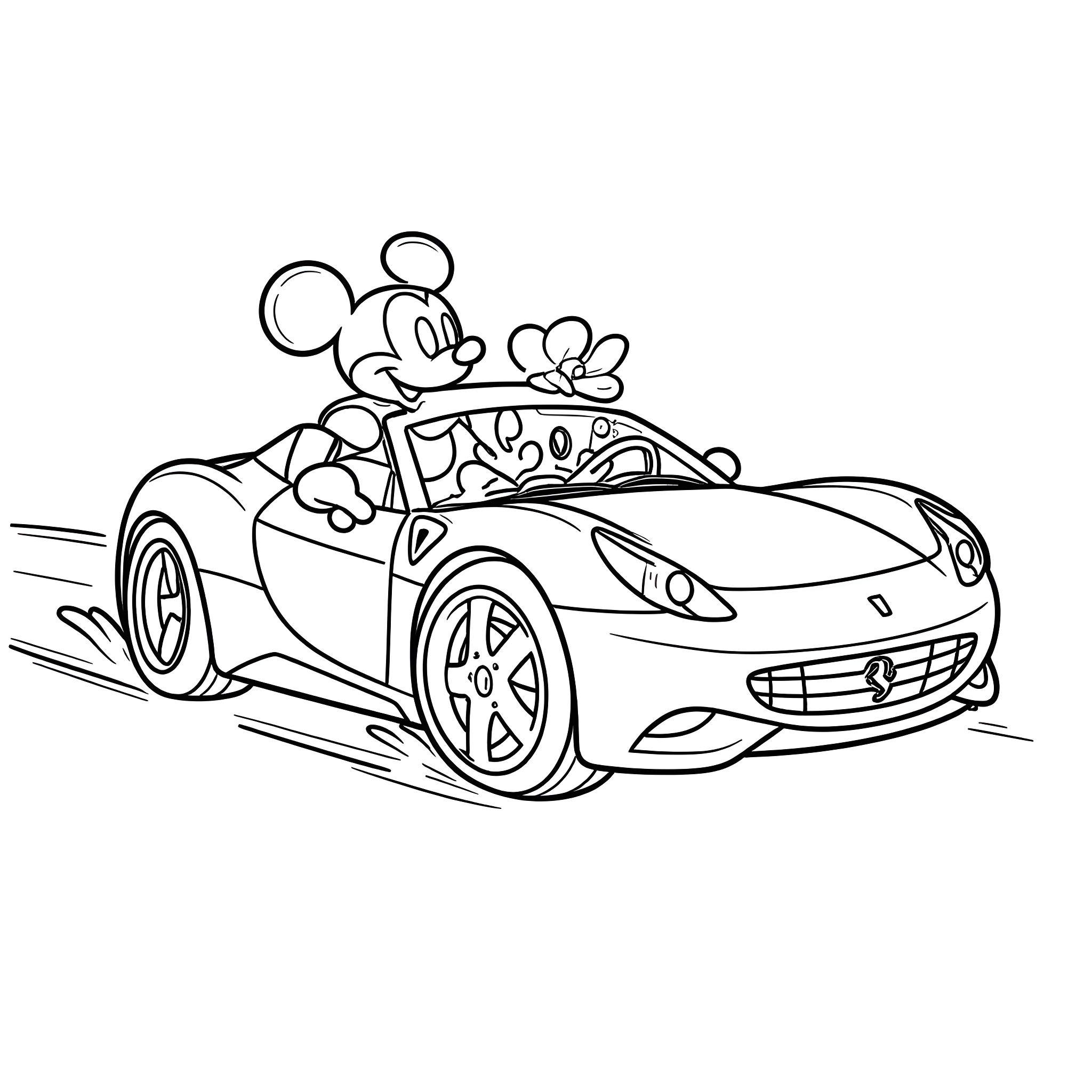 Mickey Mouse driving a sports car Coloring Page (free black-and-white line drawing printable PDF for all, from beginners to advanced learners, including children, teens, adults, and seniors)