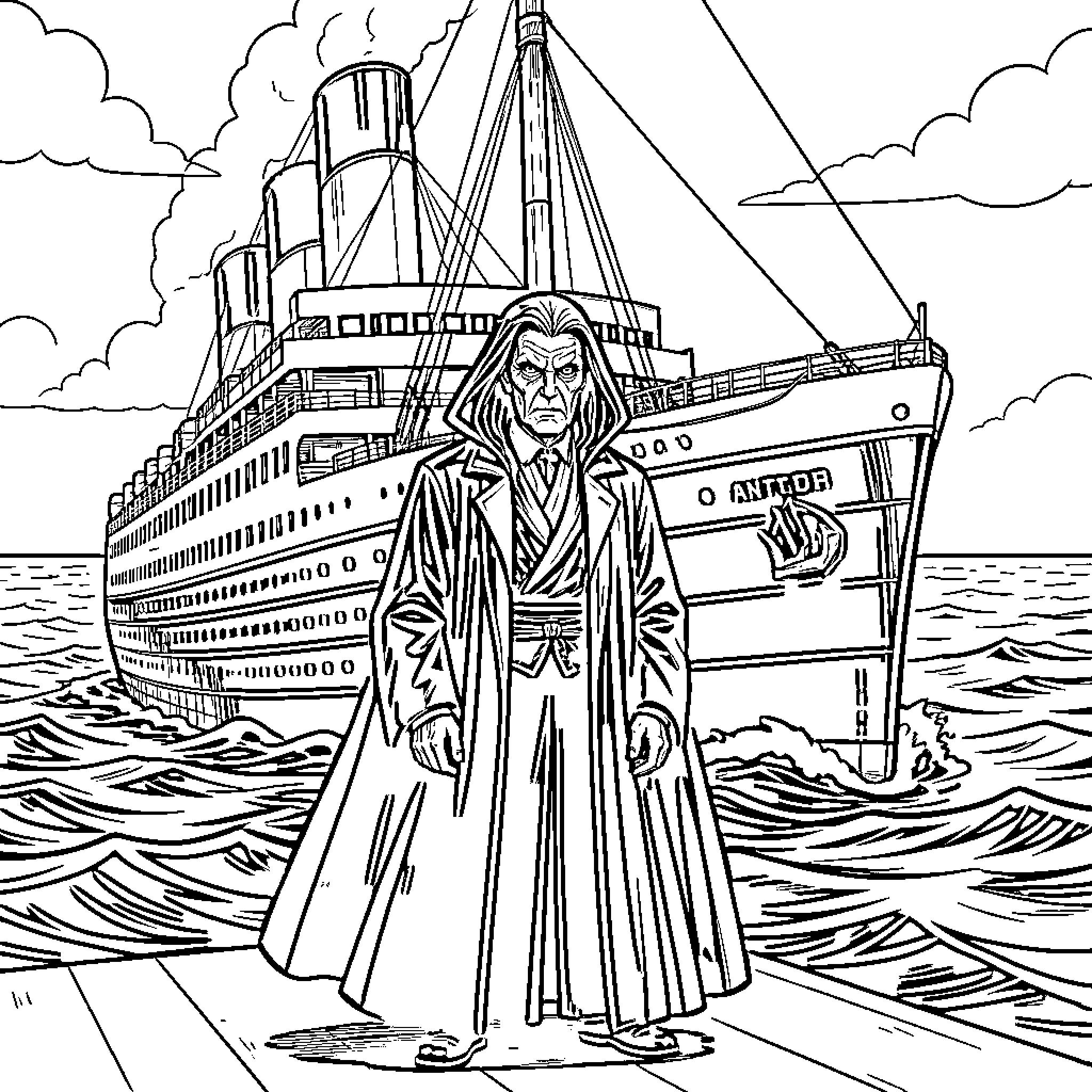 Voldemort standing tall in front of a large ship Coloring Page (free black-and-white line drawing printable PDF for all, from beginners to advanced learners, including children, teens, adults, and seniors)