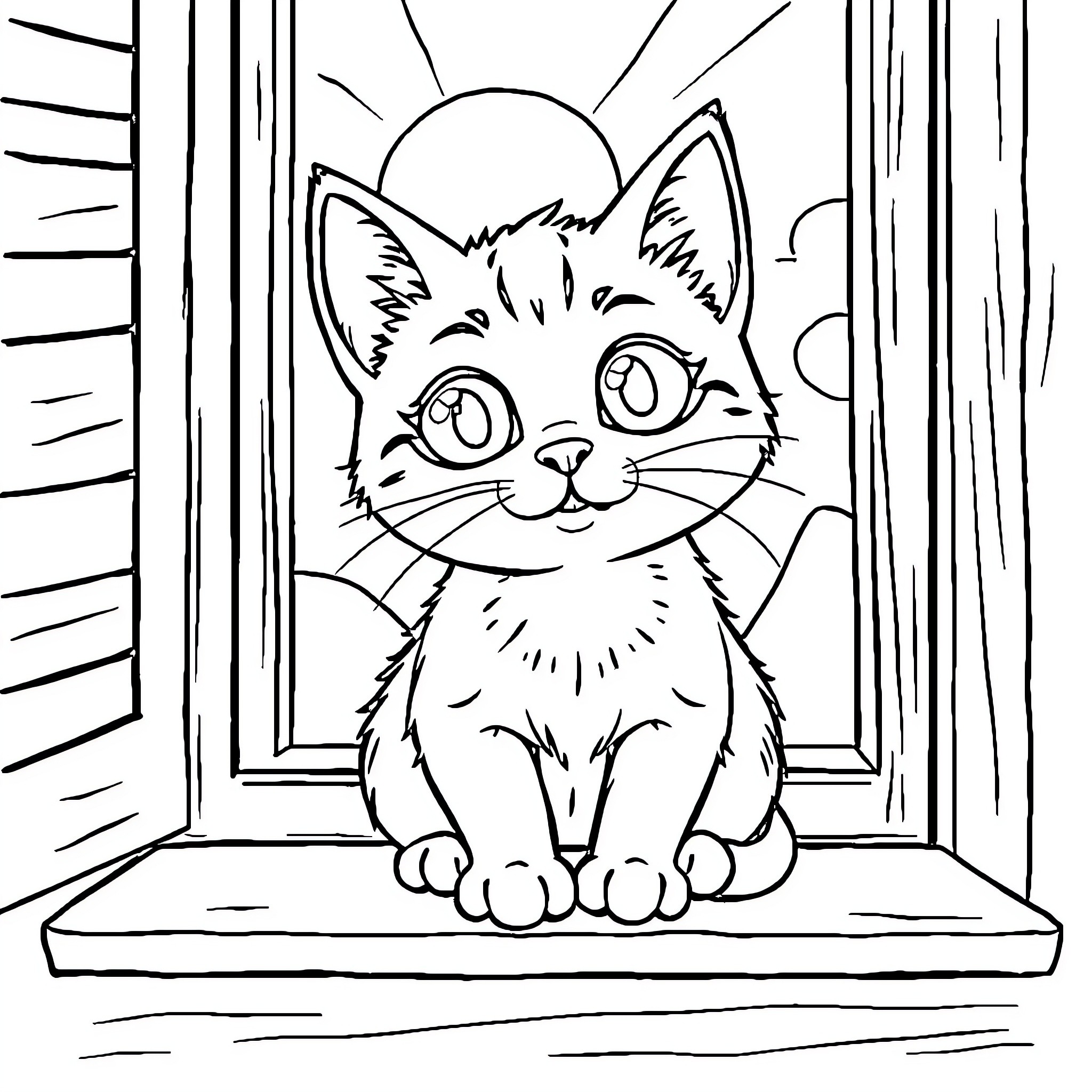 Cat peeking through window Coloring Page (free black-and-white line drawing printable PDF for all, from beginners to advanced learners, including children, teens, adults, and seniors)