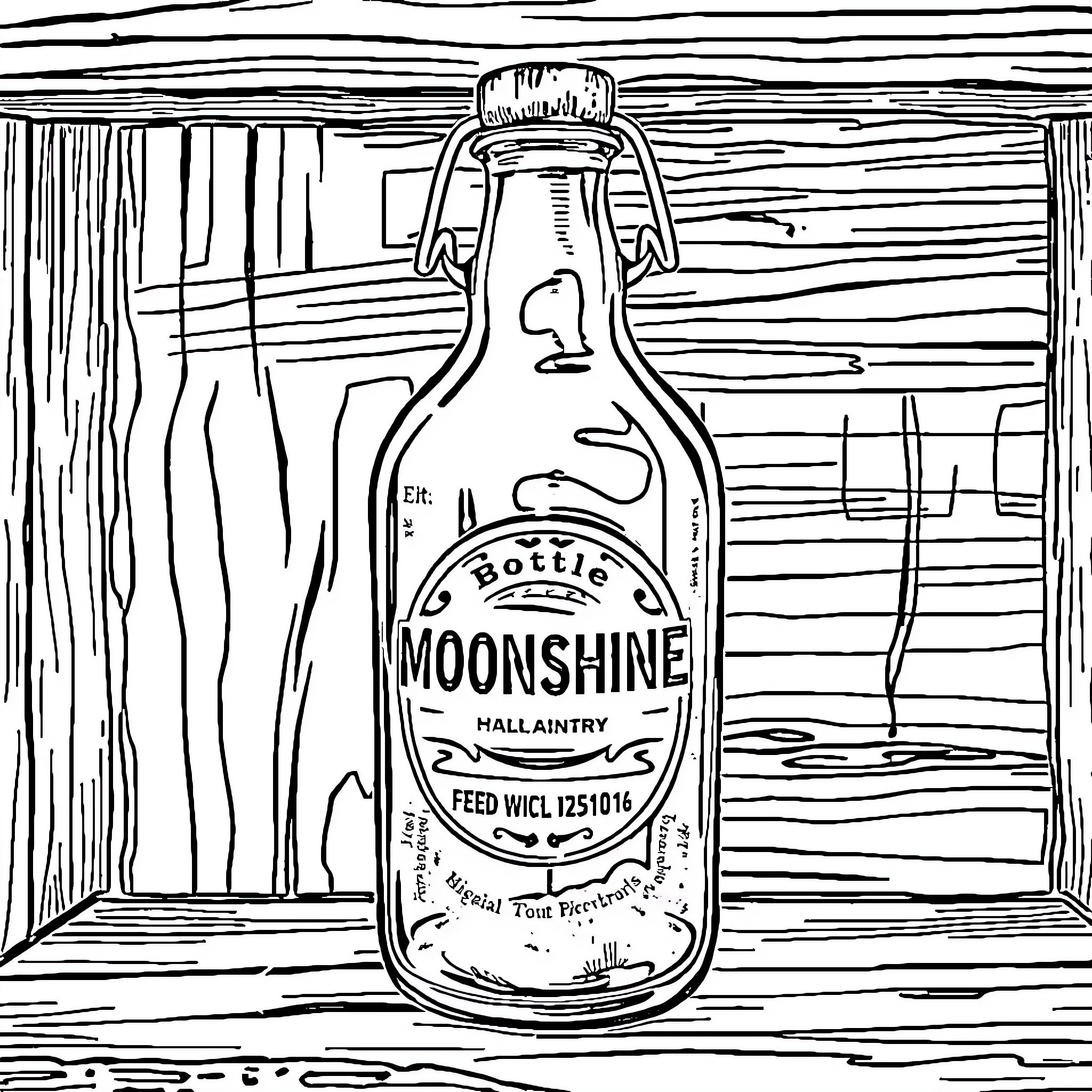 Moonshine Bottle with Intricate Wooden Background Coloring Page (free black-and-white line drawing printable PDF for all, from beginners to advanced learners, including children, teens, adults, and seniors)