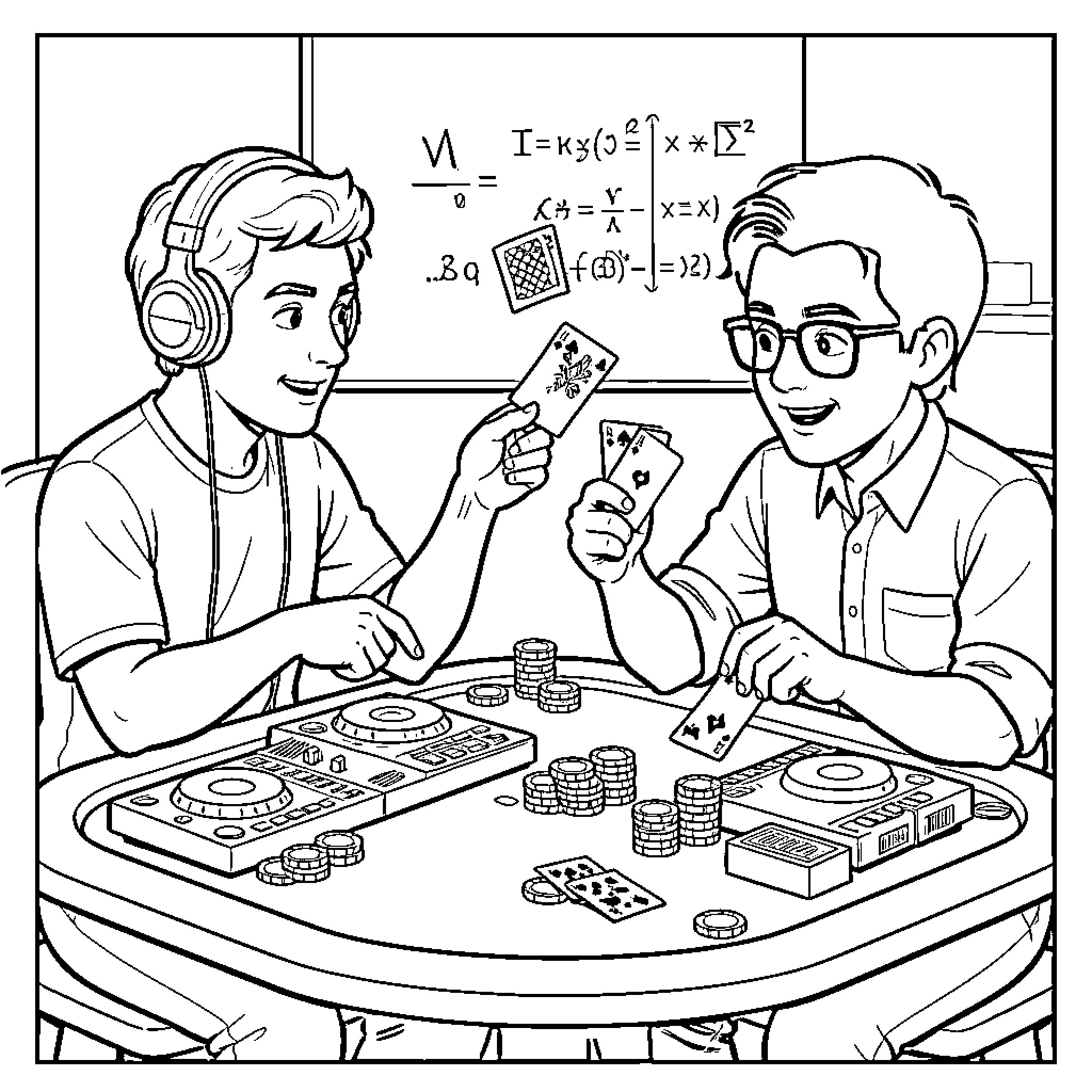 DJ friends playing cards and video games Coloring Page (free black-and-white line drawing printable PDF for all, from beginners to advanced learners, including children, teens, adults, and seniors)