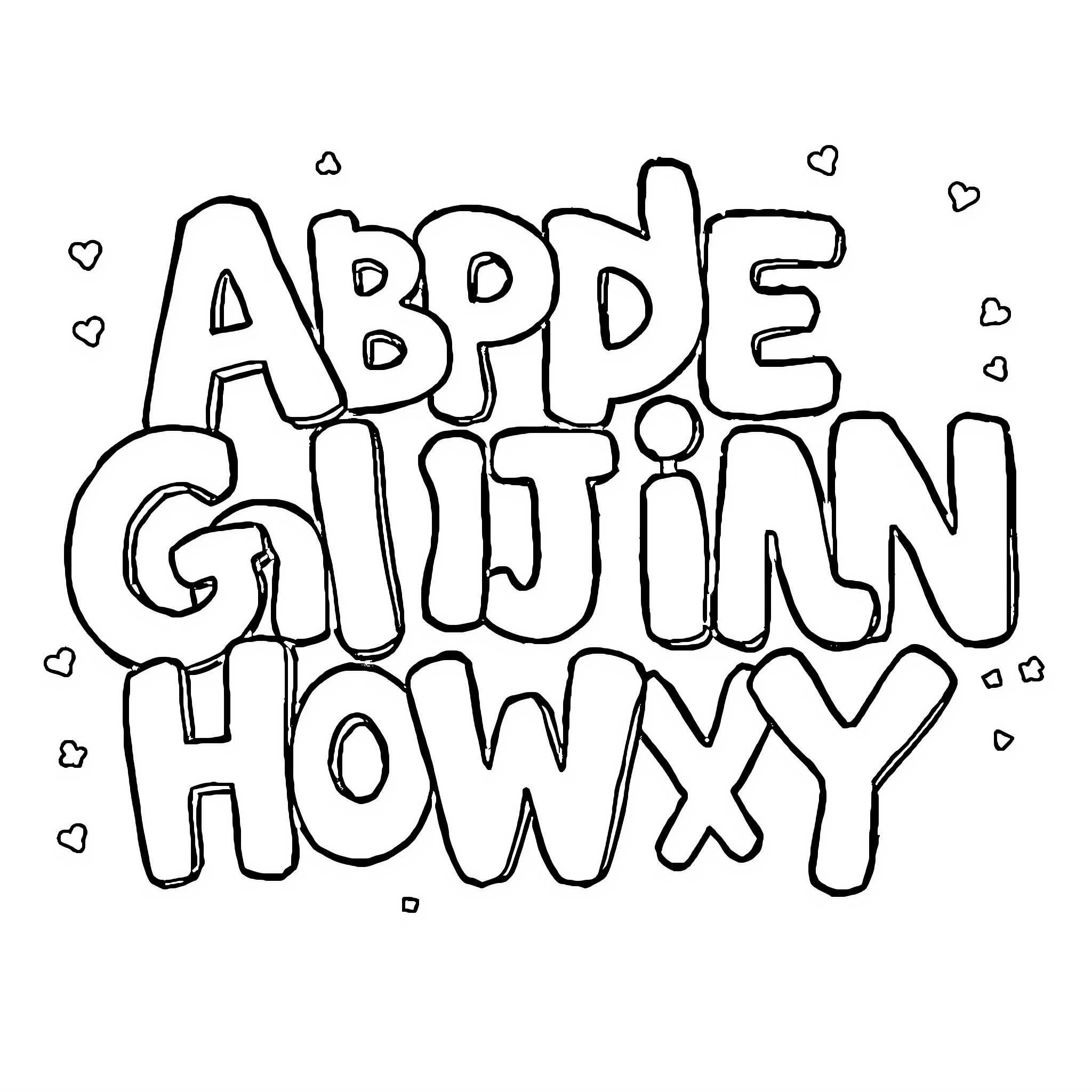 Alphabet Playful Doodle with Hearts Coloring Page (free black-and-white line drawing printable PDF for all, from beginners to advanced learners, including children, teens, adults, and seniors)