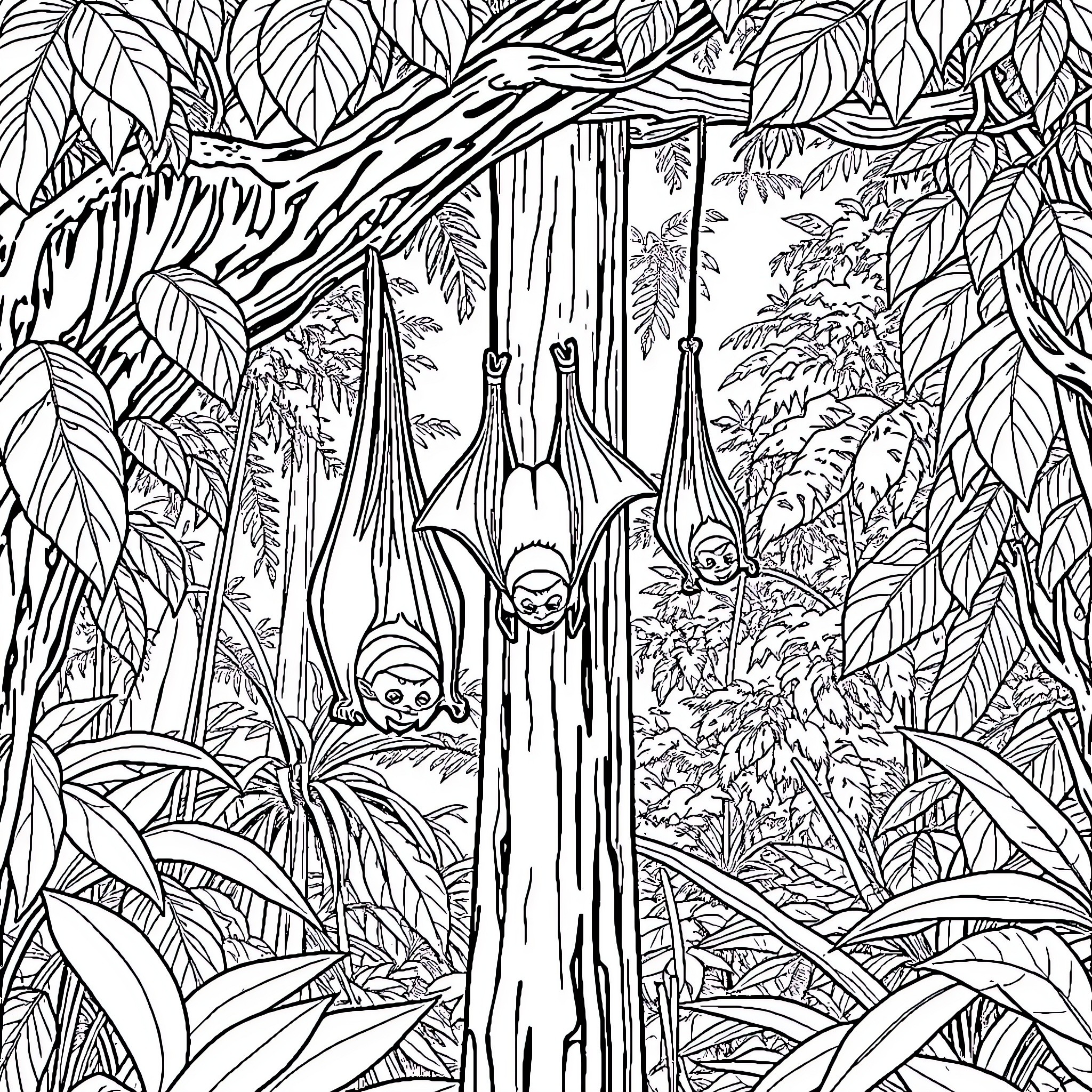 Bat colony resting in the lush jungle foliage Coloring Page (free black-and-white line drawing printable PDF for all, from beginners to advanced learners, including children, teens, adults, and seniors)