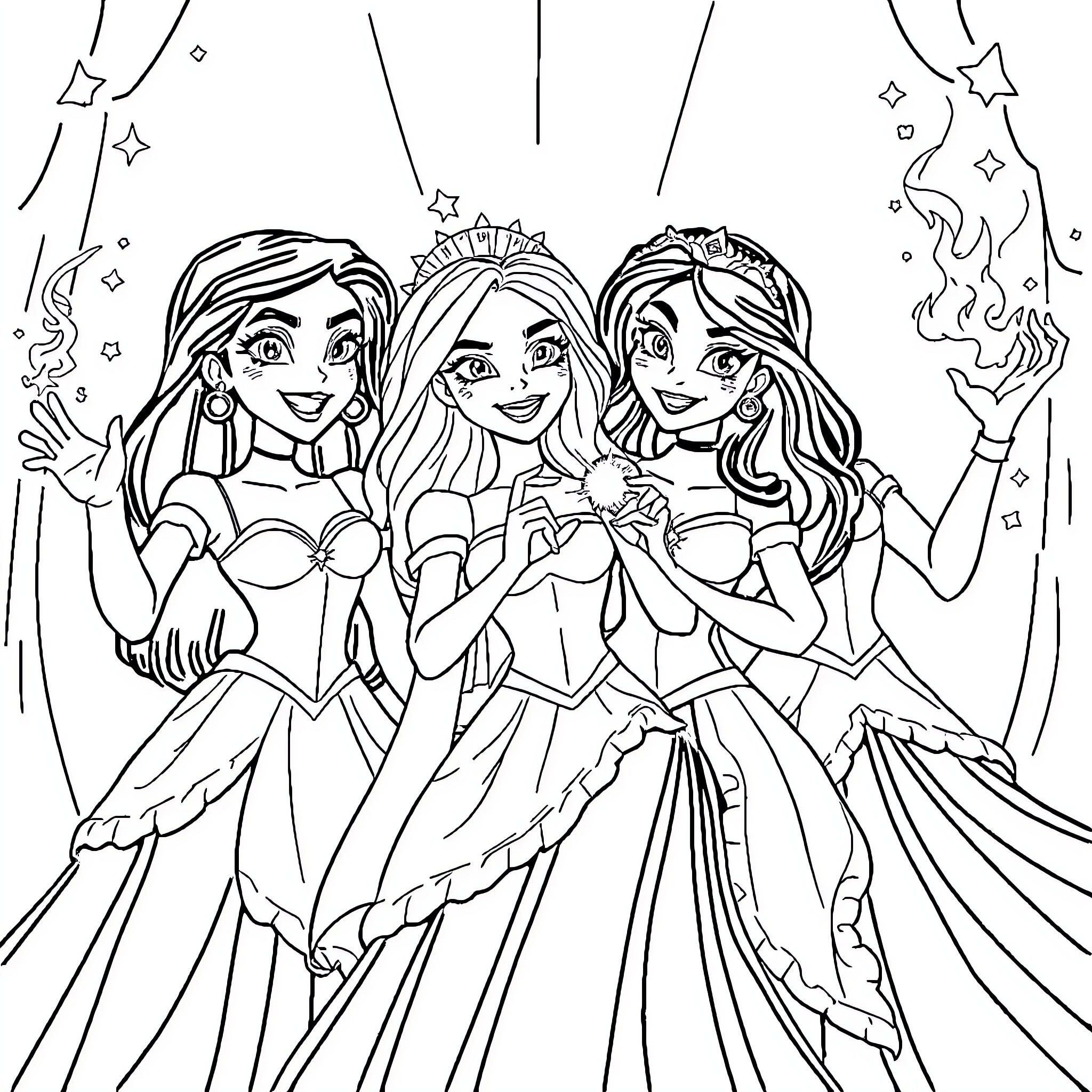 Charmed Ones Celebrate with Magical Dresses and Accessories Coloring Page (free black-and-white line drawing printable PDF for all, from beginners to advanced learners, including children, teens, adults, and seniors)