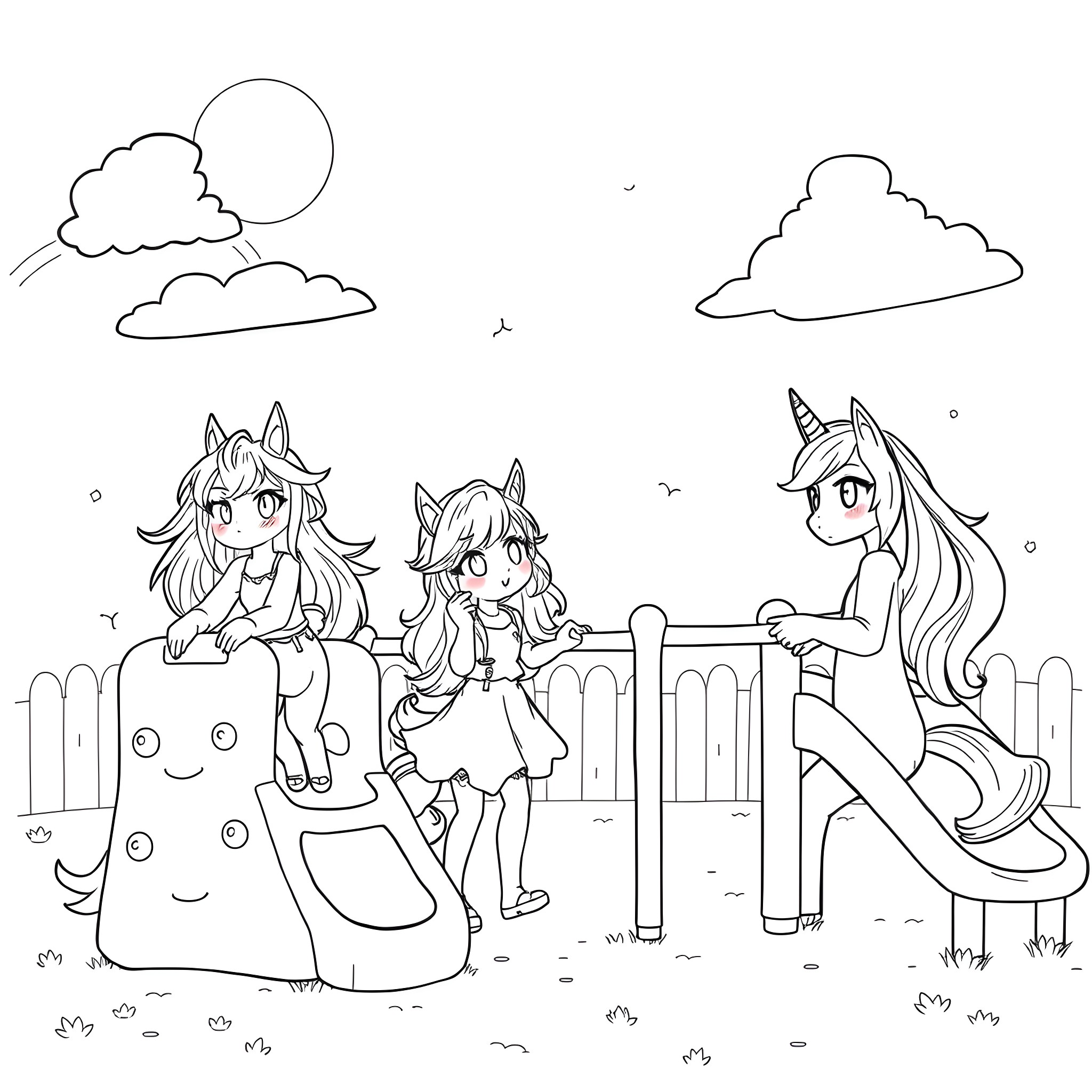 Therian Girls Enjoying Playtime Outdoors Coloring Page (free black-and-white line drawing printable PDF for all, from beginners to advanced learners, including children, teens, adults, and seniors)