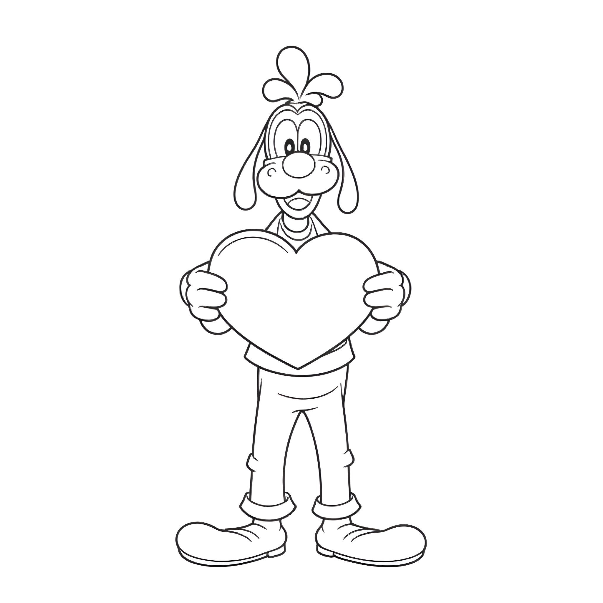 Goofy character holding a heart-shaped sign Coloring Page (free black-and-white line drawing printable PDF for all, from beginners to advanced learners, including children, teens, adults, and seniors)