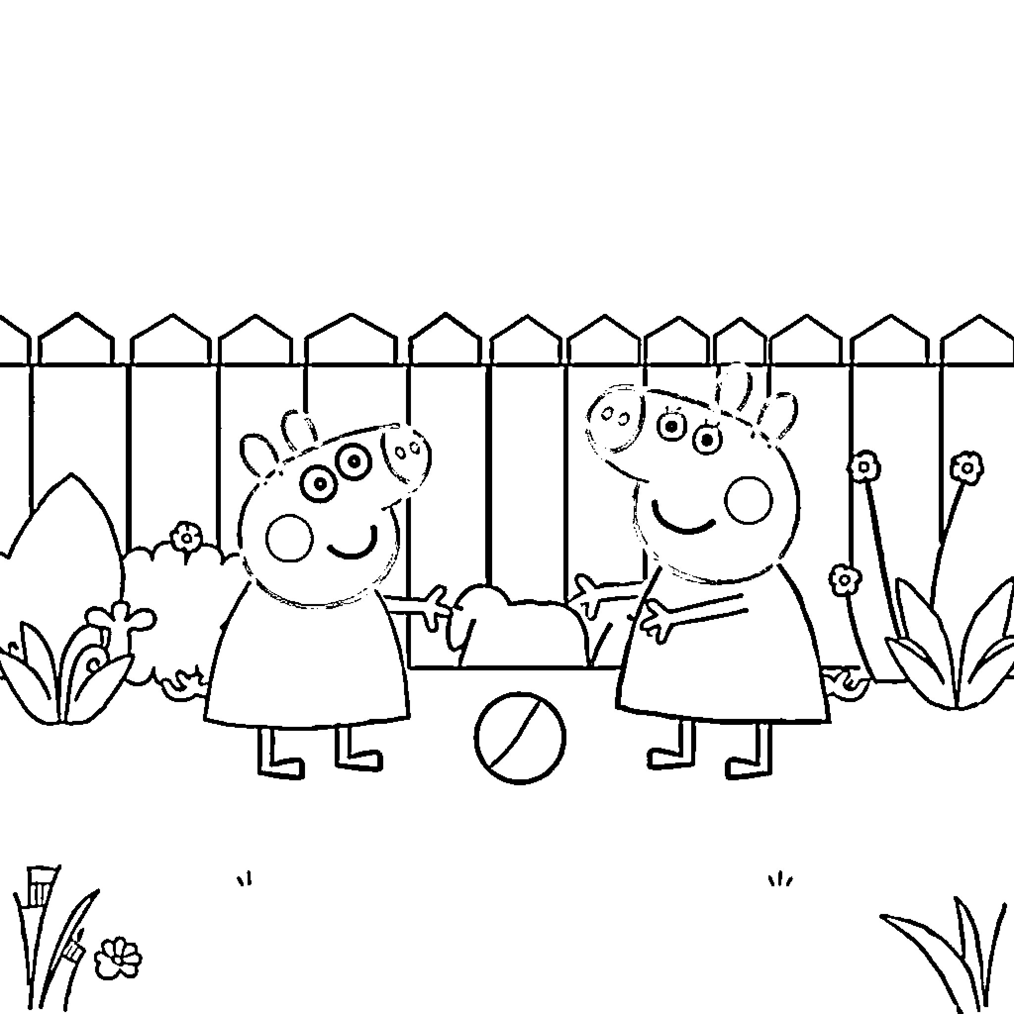 Peppa Pig and friends having a happy play date Coloring Page (free black-and-white line drawing printable PDF for all, from beginners to advanced learners, including children, teens, adults, and seniors)