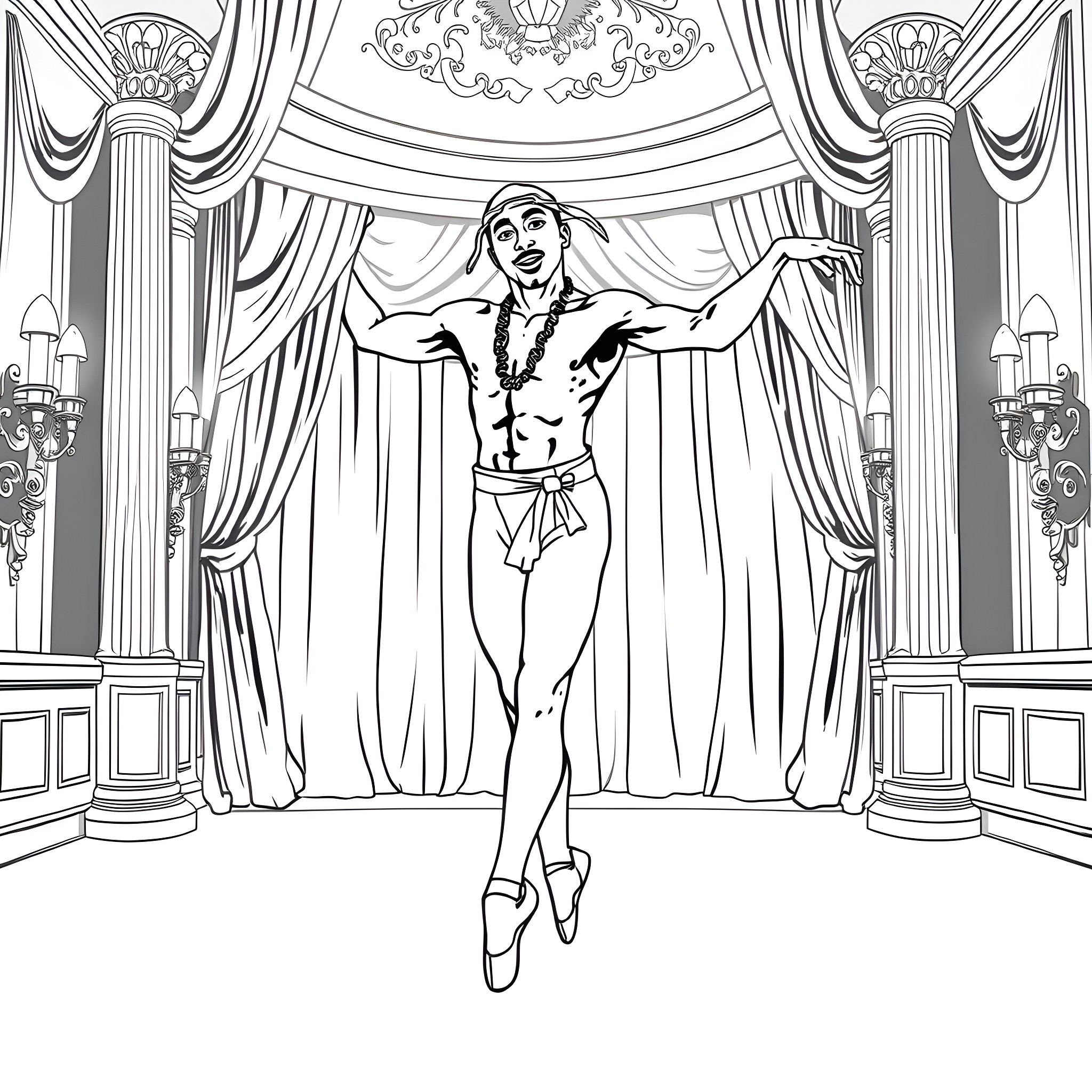 Tupac's Theatrical Performance on Stage Coloring Page (free black-and-white line drawing printable PDF for all, from beginners to advanced learners, including children, teens, adults, and seniors)