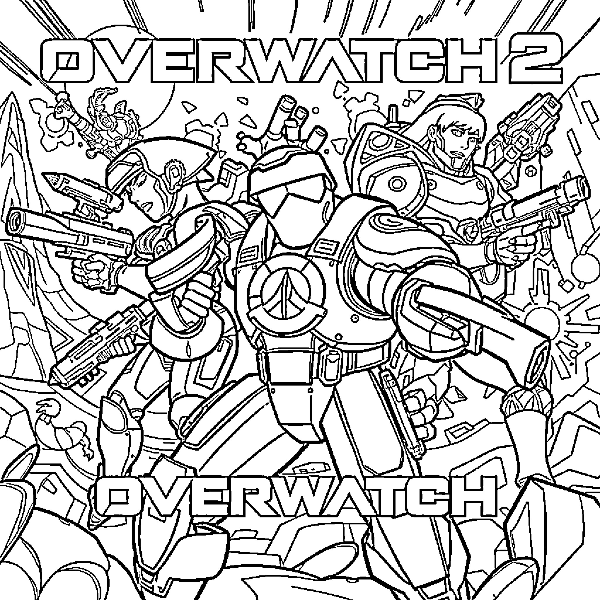 Overwatch 2 characters in action-packed scene Coloring Page (free black-and-white line drawing printable PDF for all, from beginners to advanced learners, including children, teens, adults, and seniors)
