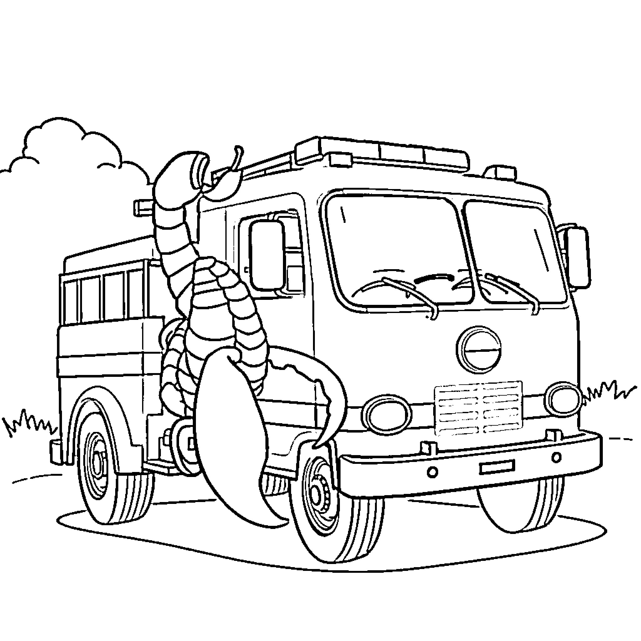 Scorpion Firefighter Drives Emergency Vehicle Coloring Page (free black-and-white line drawing printable PDF for all, from beginners to advanced learners, including children, teens, adults, and seniors)