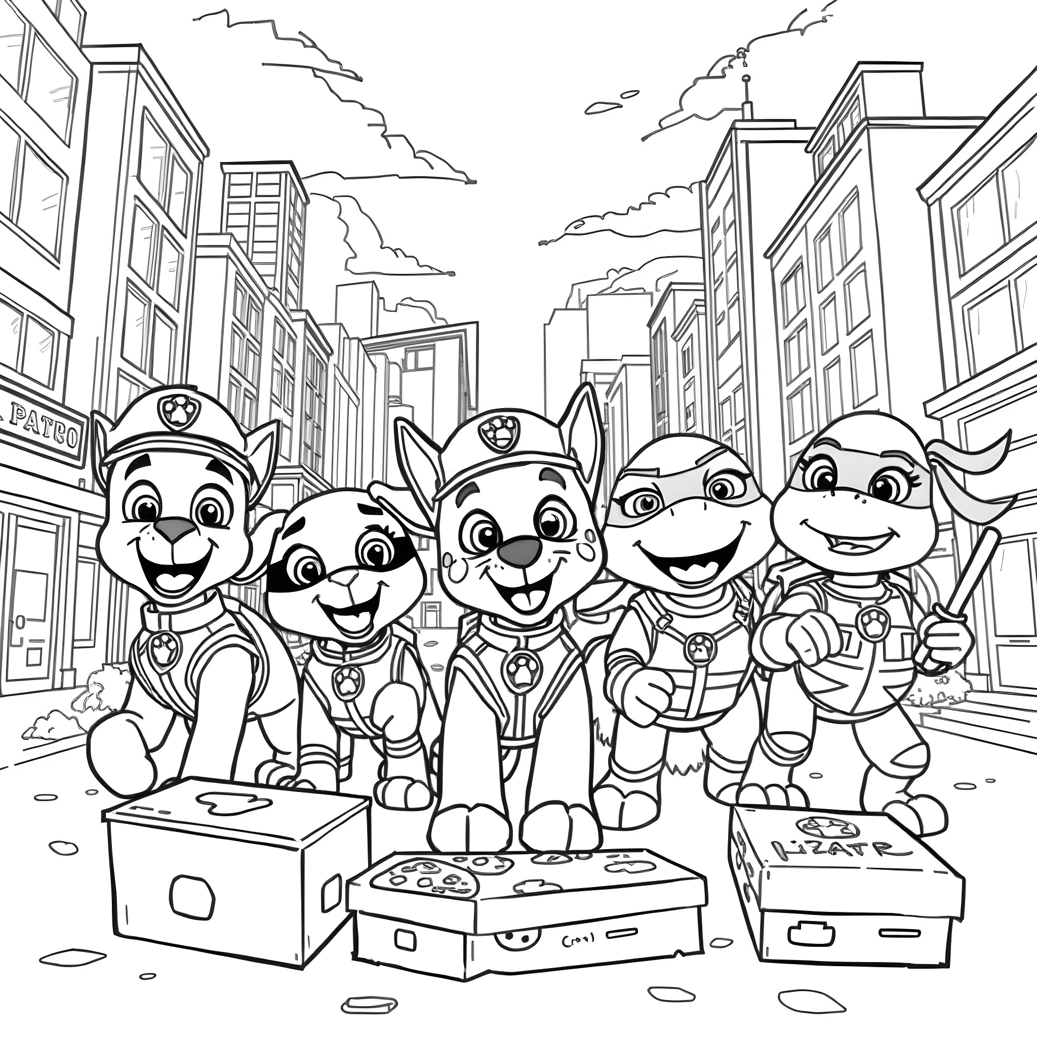 Paw Patrol team members exploring the city Coloring Page (free black-and-white line drawing printable PDF for all, from beginners to advanced learners, including children, teens, adults, and seniors)