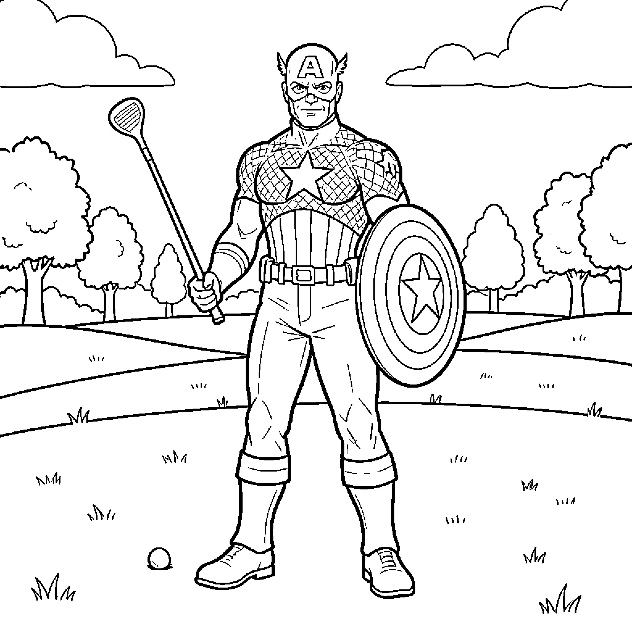 Captain America standing heroically with shield and lacrosse stick Coloring Page (free black-and-white line drawing printable PDF for all, from beginners to advanced learners, including children, teens, adults, and seniors)