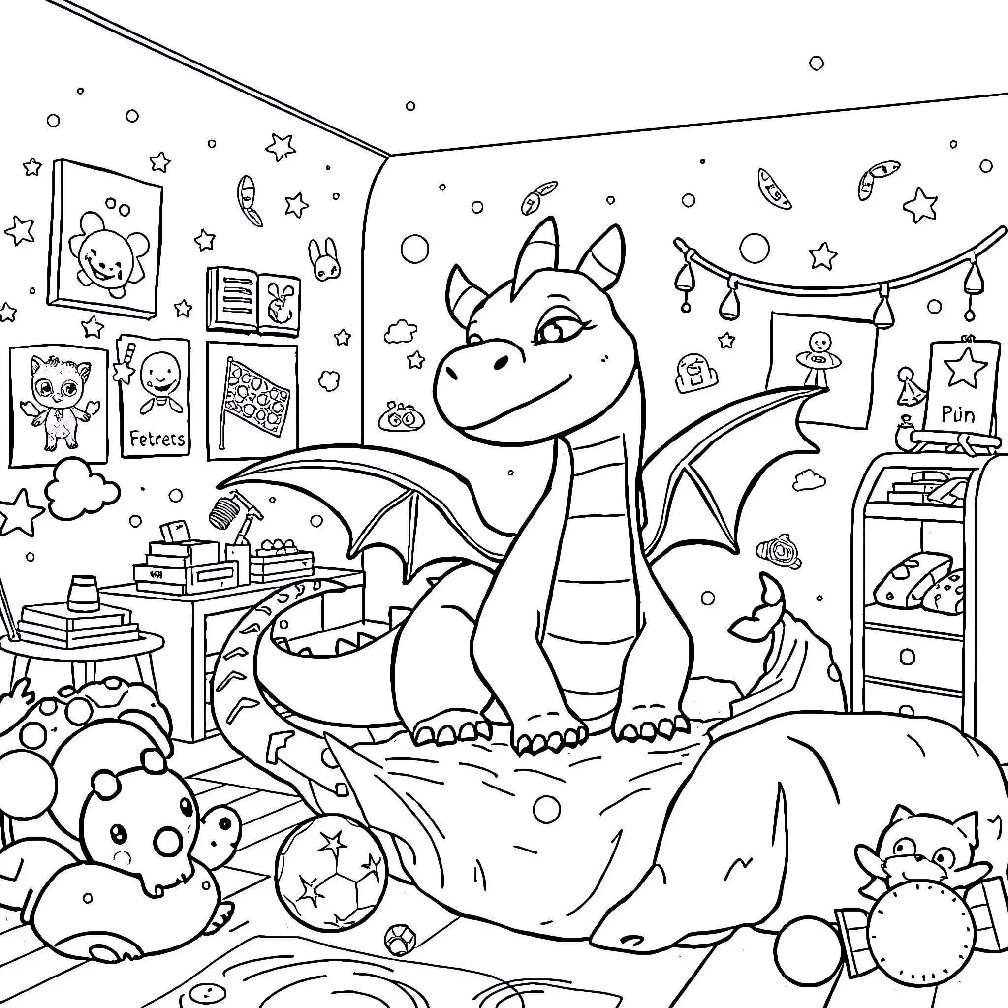 Dragon's Cozy and Playful Room Filled with Toys Coloring Page (free black-and-white line drawing printable PDF for all, from beginners to advanced learners, including children, teens, adults, and seniors)