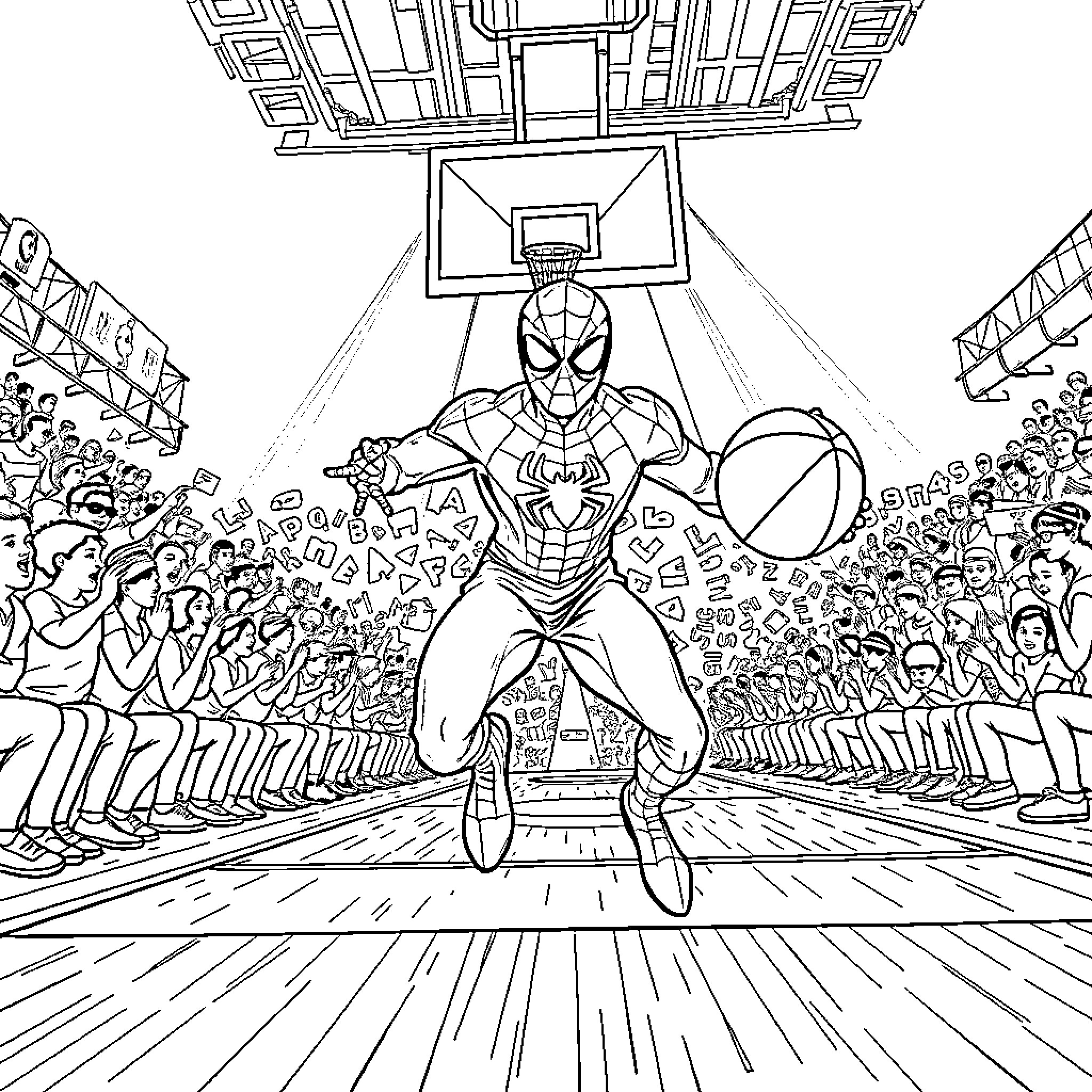 Spider-Man takes the court by storm Coloring Page (free black-and-white line drawing printable PDF for all, from beginners to advanced learners, including children, teens, adults, and seniors)