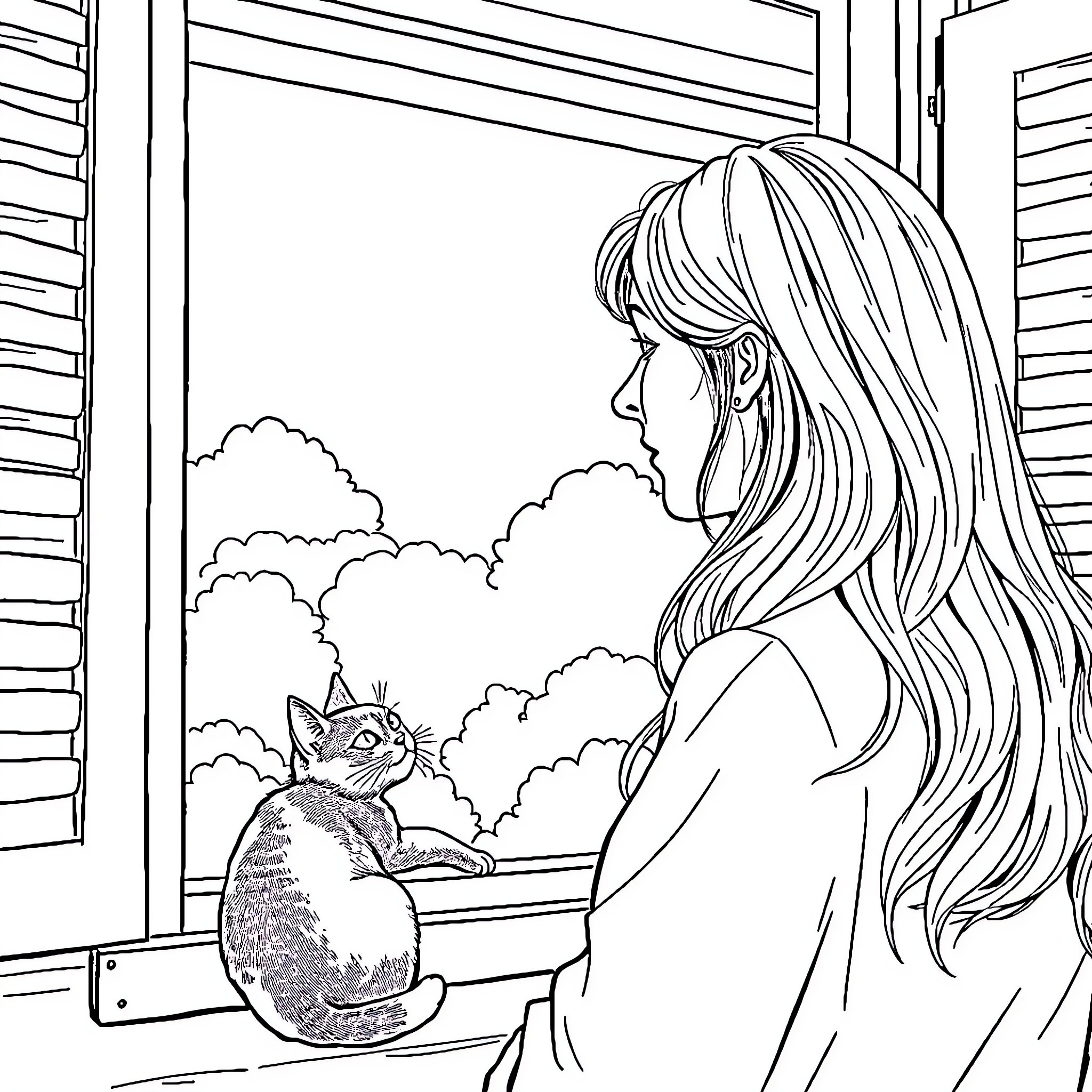 Woman gazing at cat through window Coloring Page (free black-and-white line drawing printable PDF for all, from beginners to advanced learners, including children, teens, adults, and seniors)