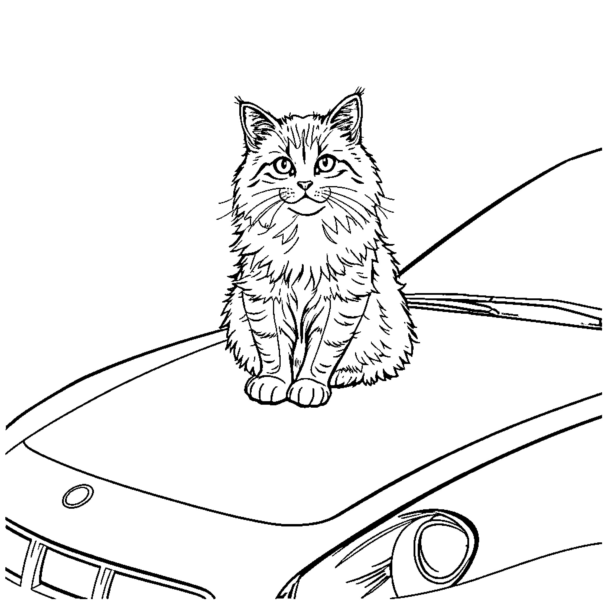 Cat sitting on car dashboard Coloring Page (free black-and-white line drawing printable PDF for all, from beginners to advanced learners, including children, teens, adults, and seniors)