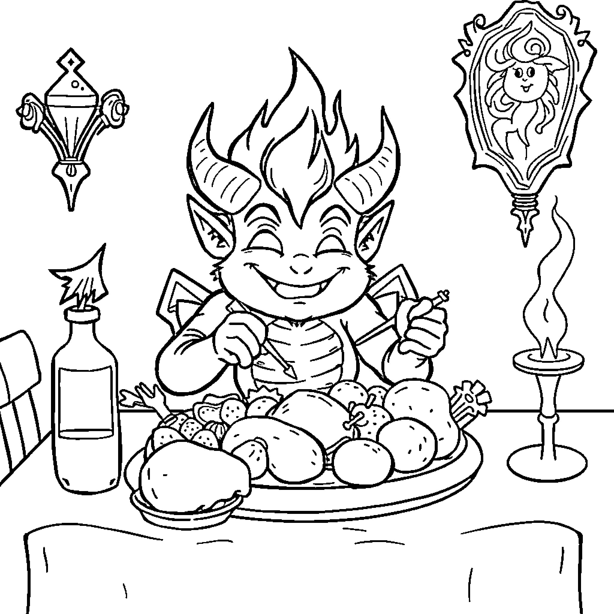 Calcifer enjoying a feast of delicious food Coloring Page (free black-and-white line drawing printable PDF for all, from beginners to advanced learners, including children, teens, adults, and seniors)