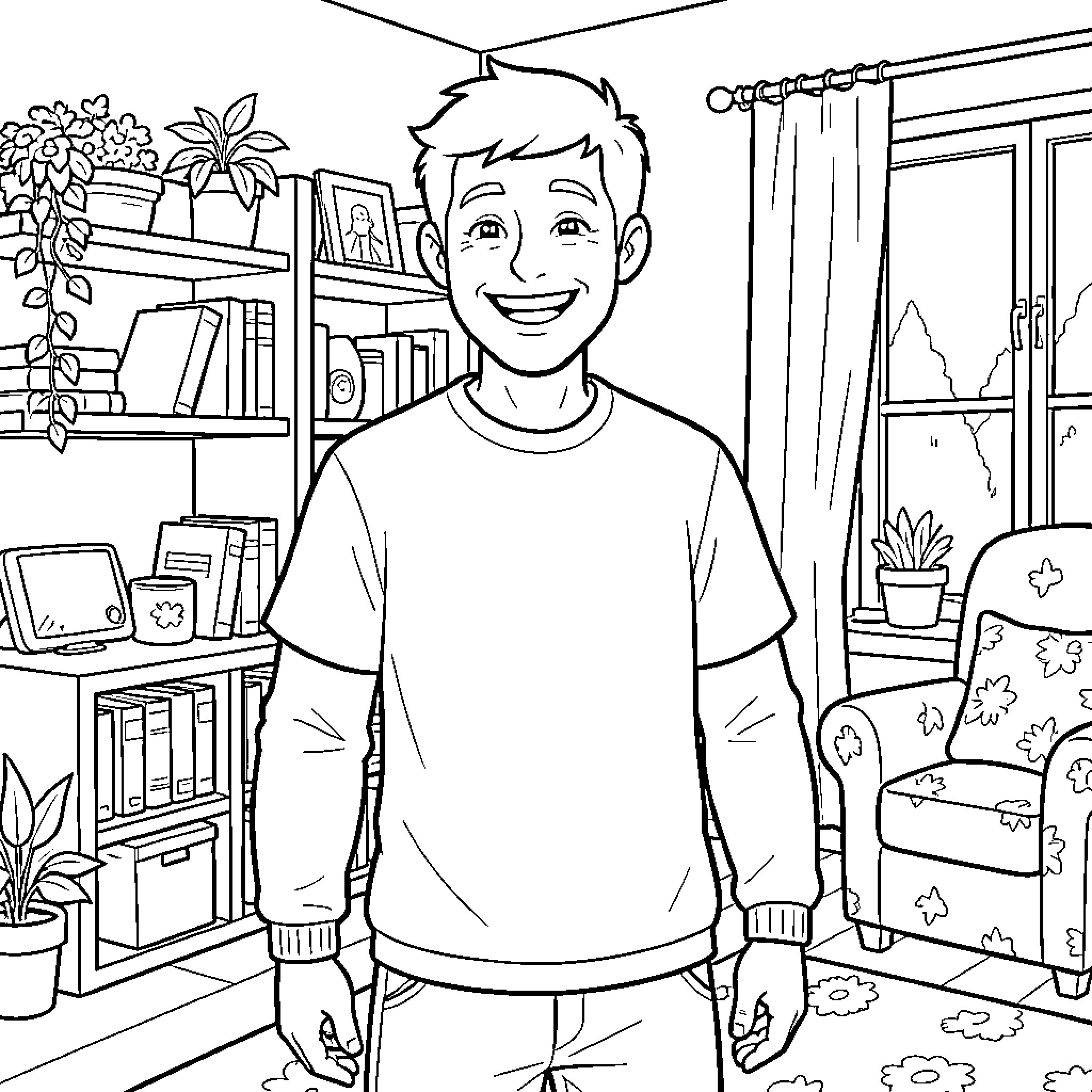 Frank enjoying a cozy indoor environment Coloring Page (free black-and-white line drawing printable PDF for all, from beginners to advanced learners, including children, teens, adults, and seniors)