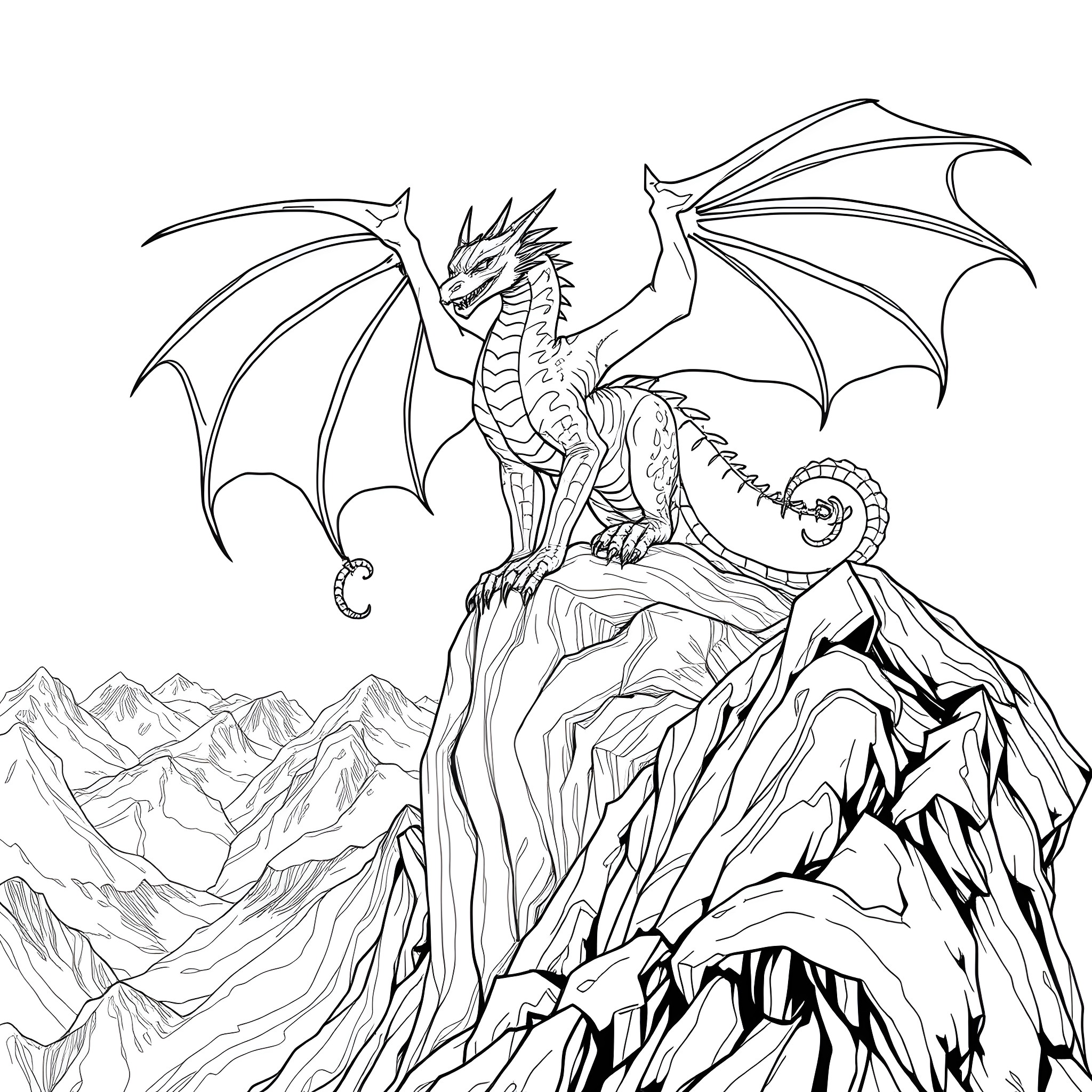 Dragon perched atop a majestic mountain landscape Coloring Page (free black-and-white line drawing printable PDF for all, from beginners to advanced learners, including children, teens, adults, and seniors)