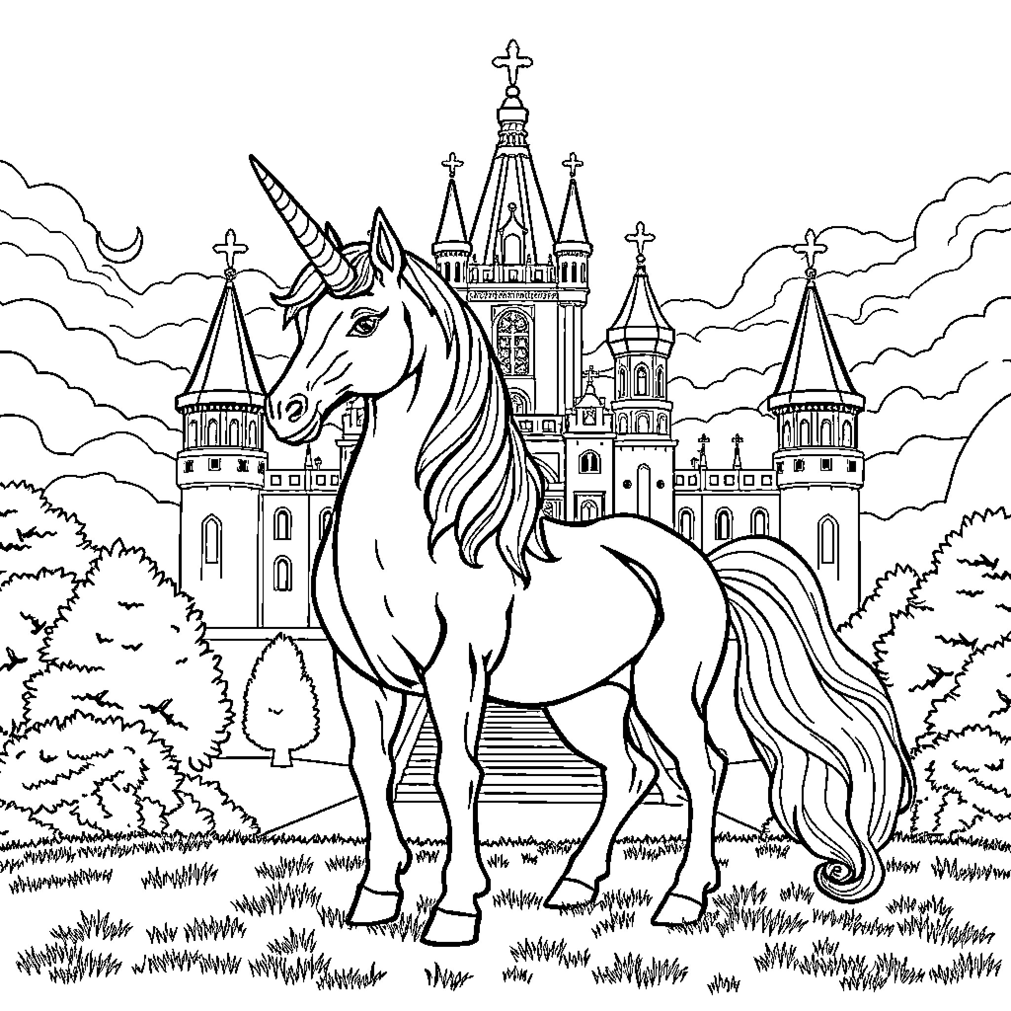 Unicorn standing before majestic fantasy castle Coloring Page (free black-and-white line drawing printable PDF for all, from beginners to advanced learners, including children, teens, adults, and seniors)
