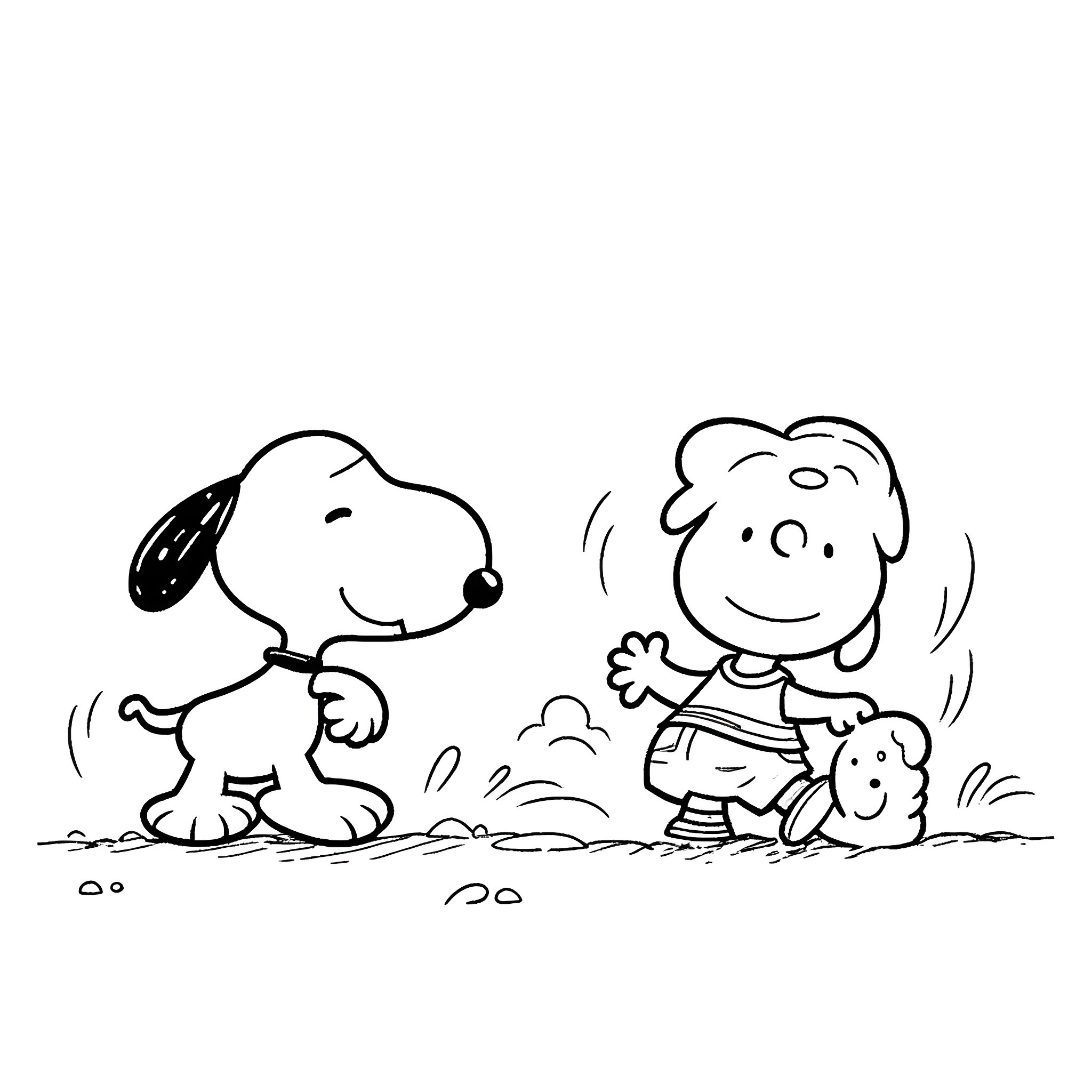 Snoopy and Charlie Brown play outdoors Coloring Page (free black-and-white line drawing printable PDF for all, from beginners to advanced learners, including children, teens, adults, and seniors)
