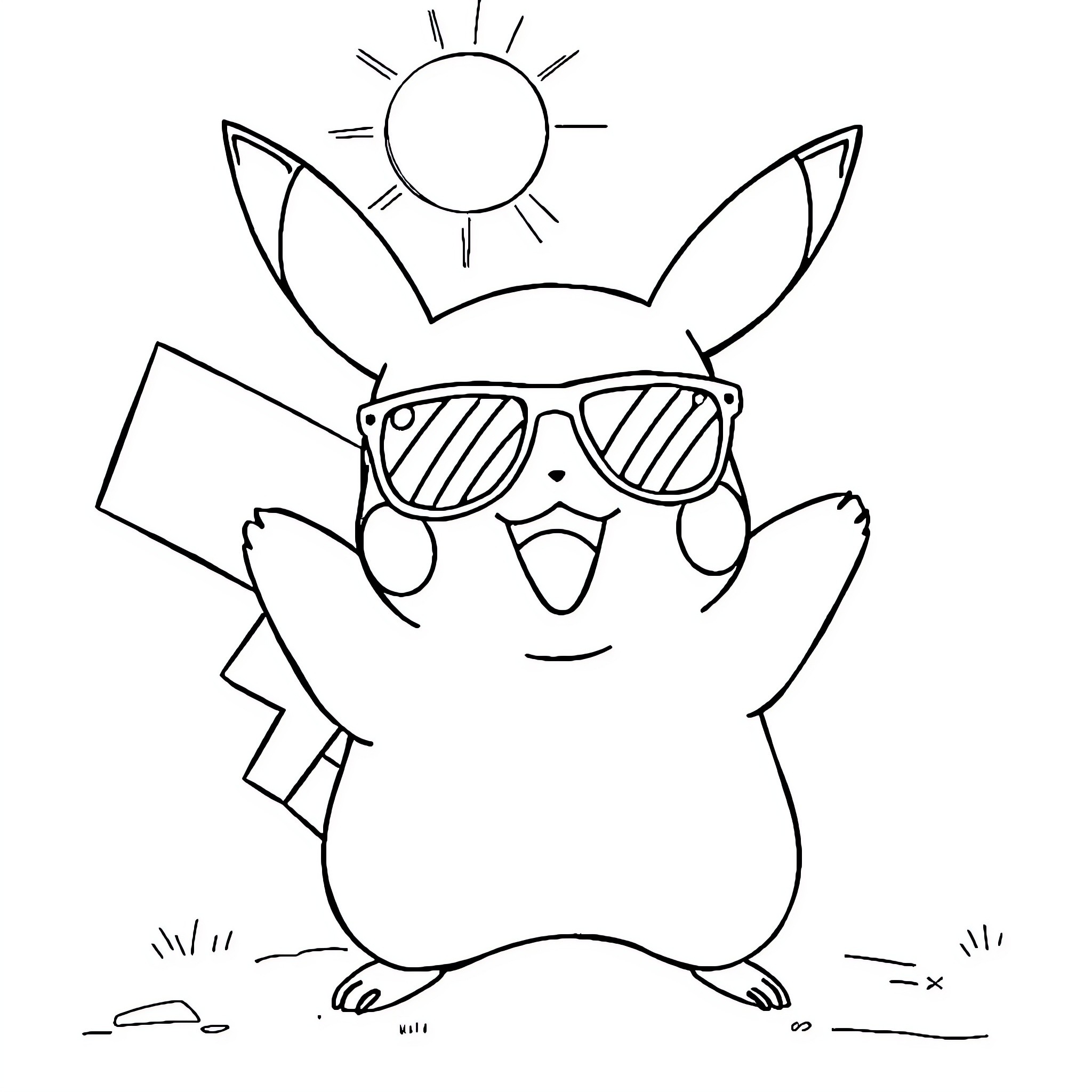 Pikachu enjoying the sunny day in sunglasses Coloring Page (free black-and-white line drawing printable PDF for all, from beginners to advanced learners, including children, teens, adults, and seniors)