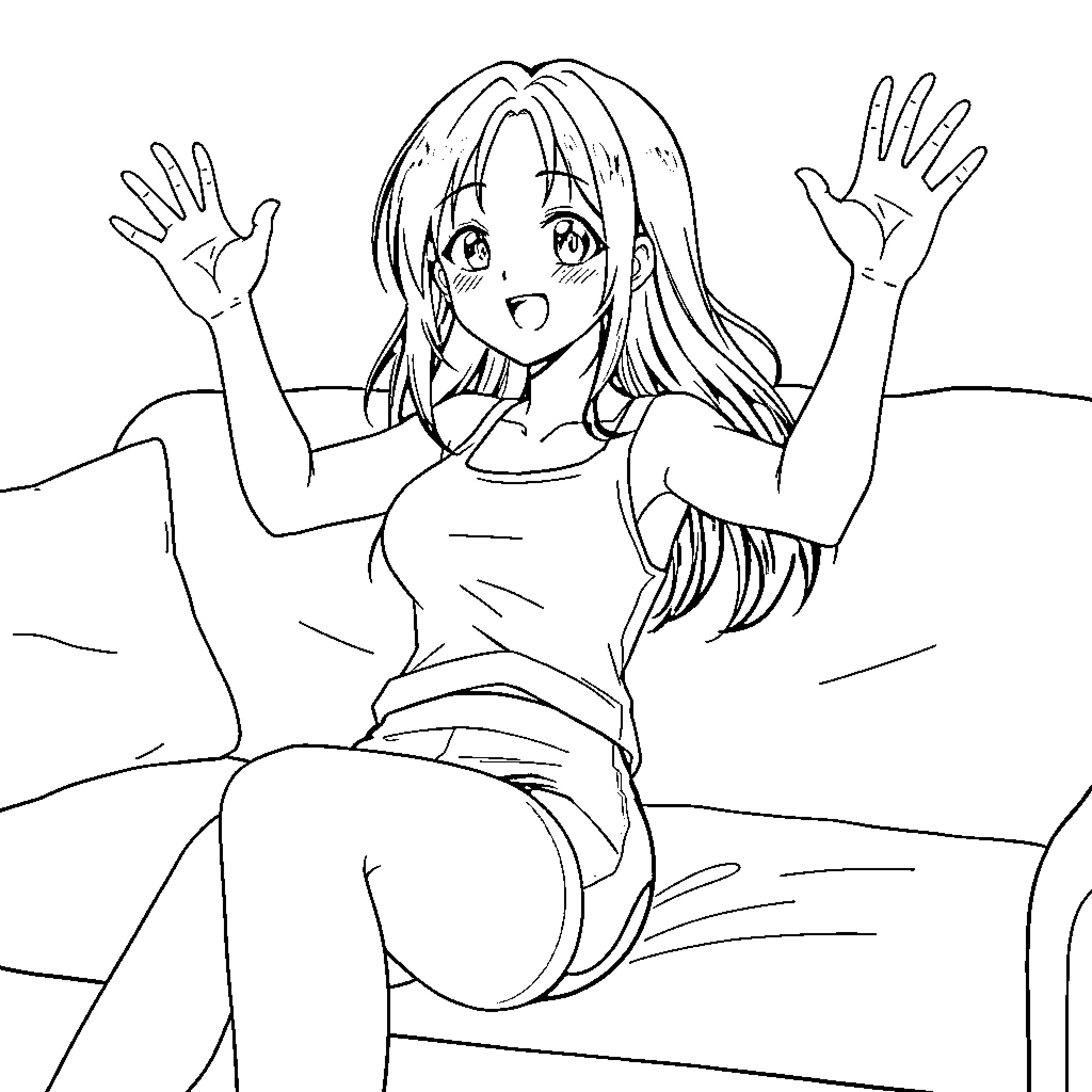 Anime Woman Expressing Surprise and Joy Coloring Page (free black-and-white line drawing printable PDF for all, from beginners to advanced learners, including children, teens, adults, and seniors)