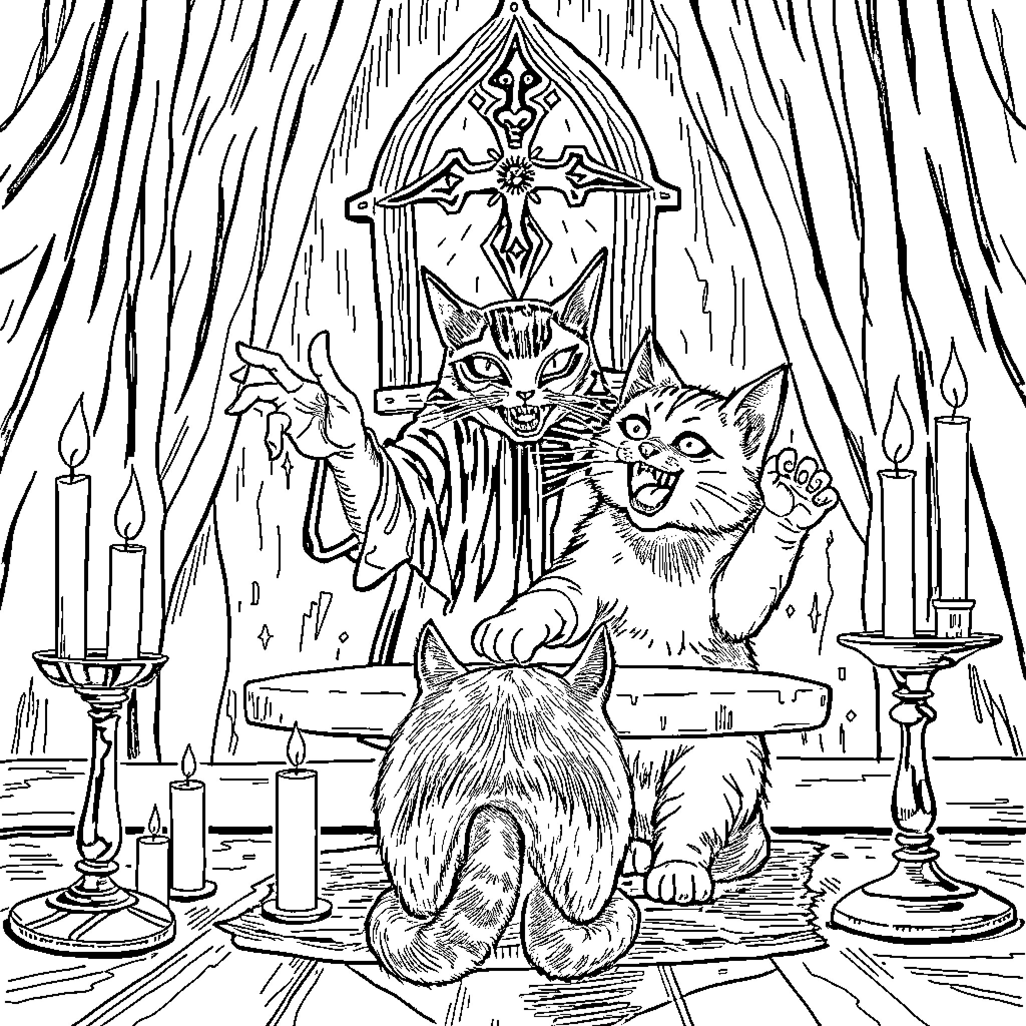 Cats in an Enchanting Ritual Coloring Page (free black-and-white line drawing printable PDF for all, from beginners to advanced learners, including children, teens, adults, and seniors)