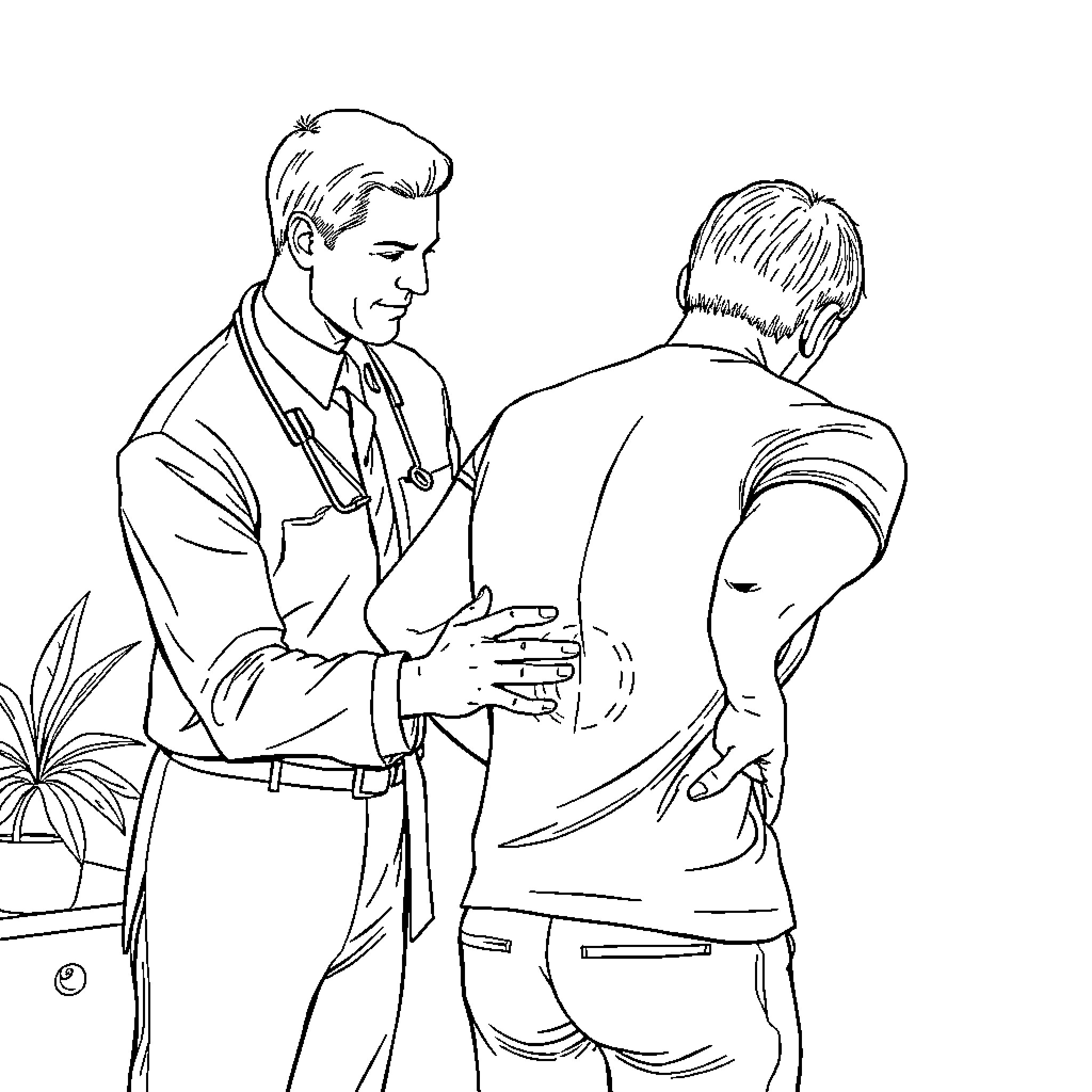 Chiropractor examining patient's back Coloring Page (free black-and-white line drawing printable PDF for all, from beginners to advanced learners, including children, teens, adults, and seniors)