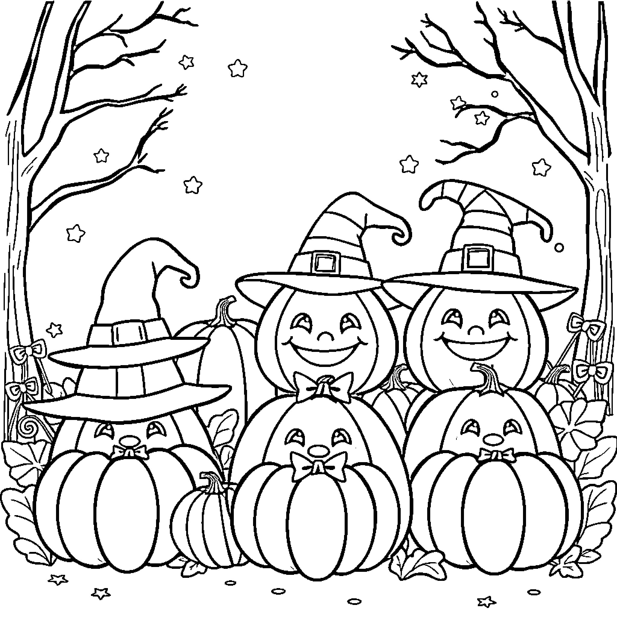 Pumpkin Family Celebrating Halloween in the Forest Coloring Page (free black-and-white line drawing printable PDF for all, from beginners to advanced learners, including children, teens, adults, and seniors)
